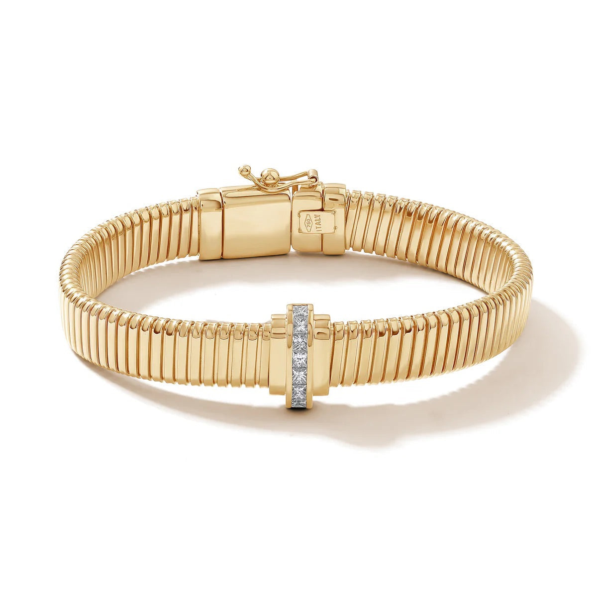 18k yellow gold and channel set diamond tubogas style Raisina bracelet by State Property Tiny Gods