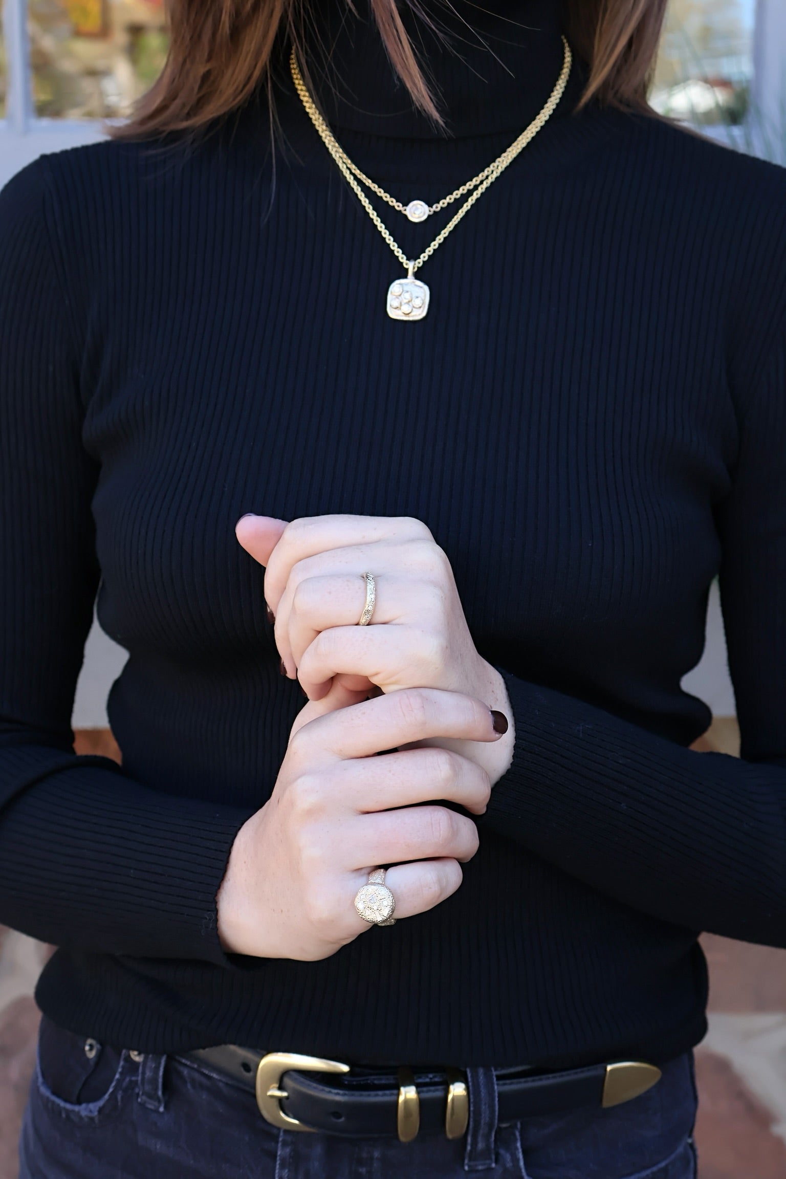 14k yellow gold Double Trouble Necklace diamond round pendant necklace by Rene Barnes Tiny Gods