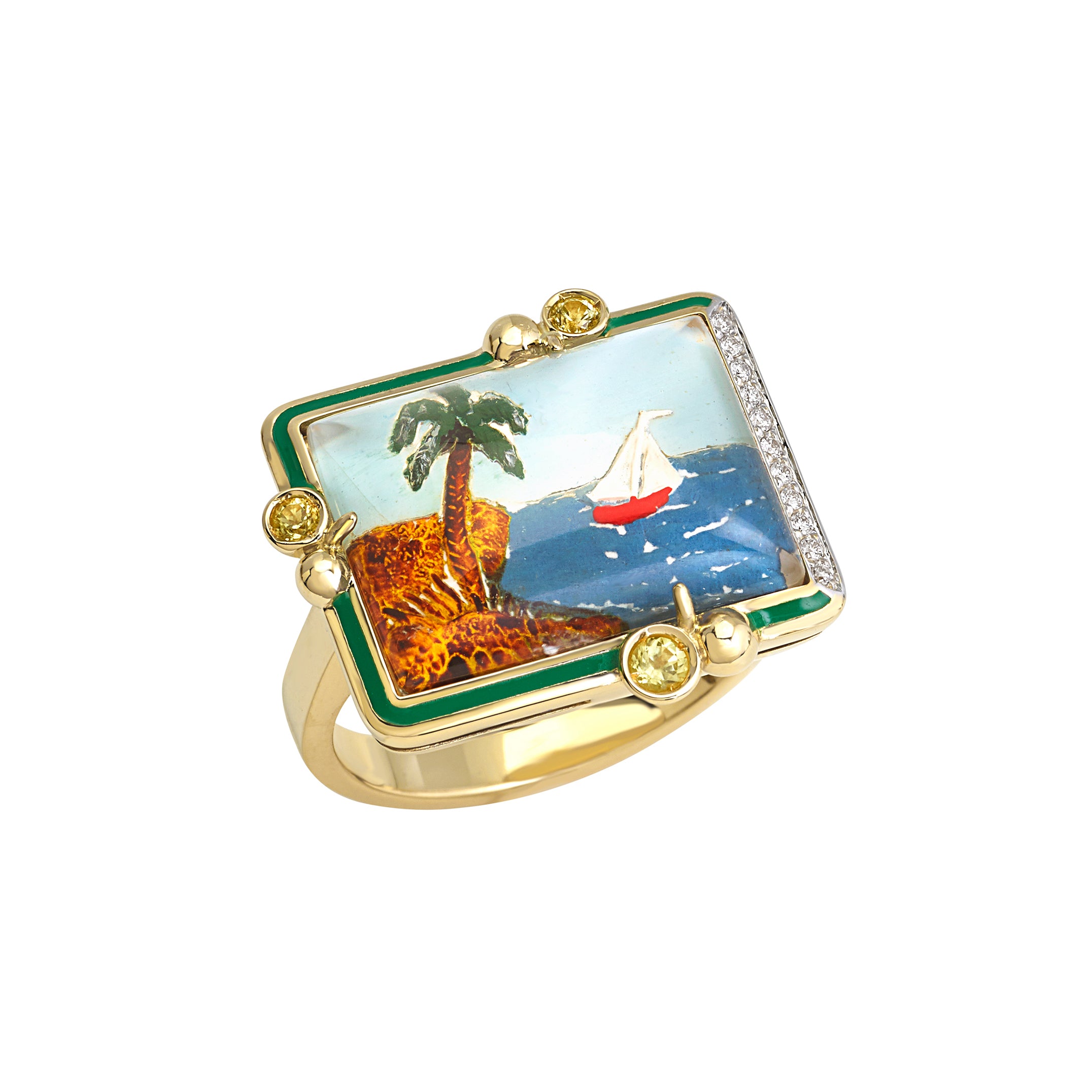 18k yellow gold rectangular Essex crystal hand painted island riviera red sailboat palm tree oasis ring by Francesca Villa Tiny Gods