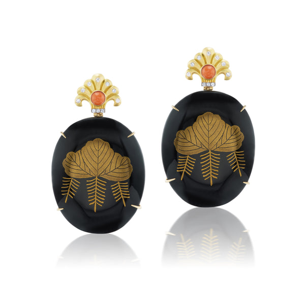 Silvia furmanovich coral and diamond black lacquer earrings with gold motif Tiny Gods