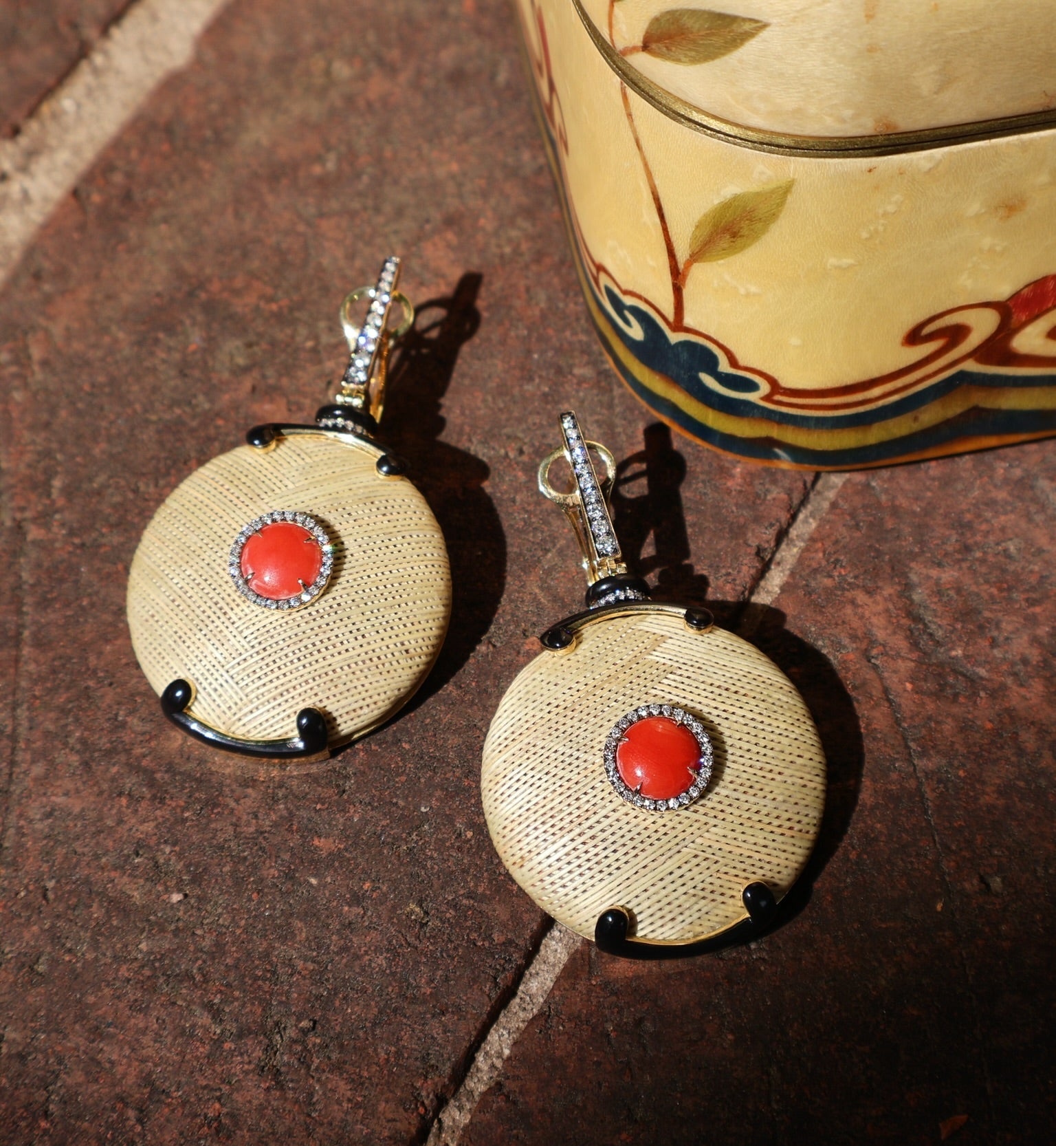 Straw Marquetry Japanese Mirror Earrings with Coral Silvia Furmanovich tiny gods