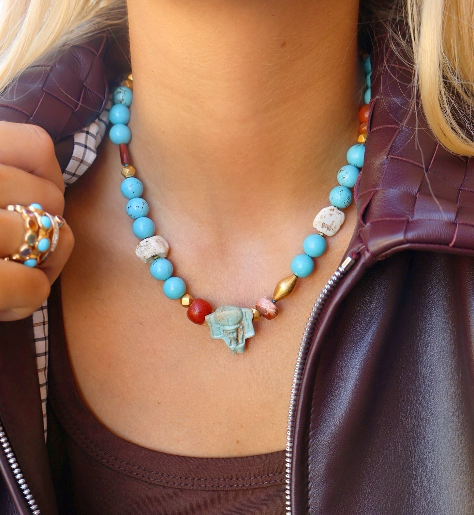 18k yellow gold turquoise beaded carnelian mummy totem necklace by Sylva & Cie Tiny Gods