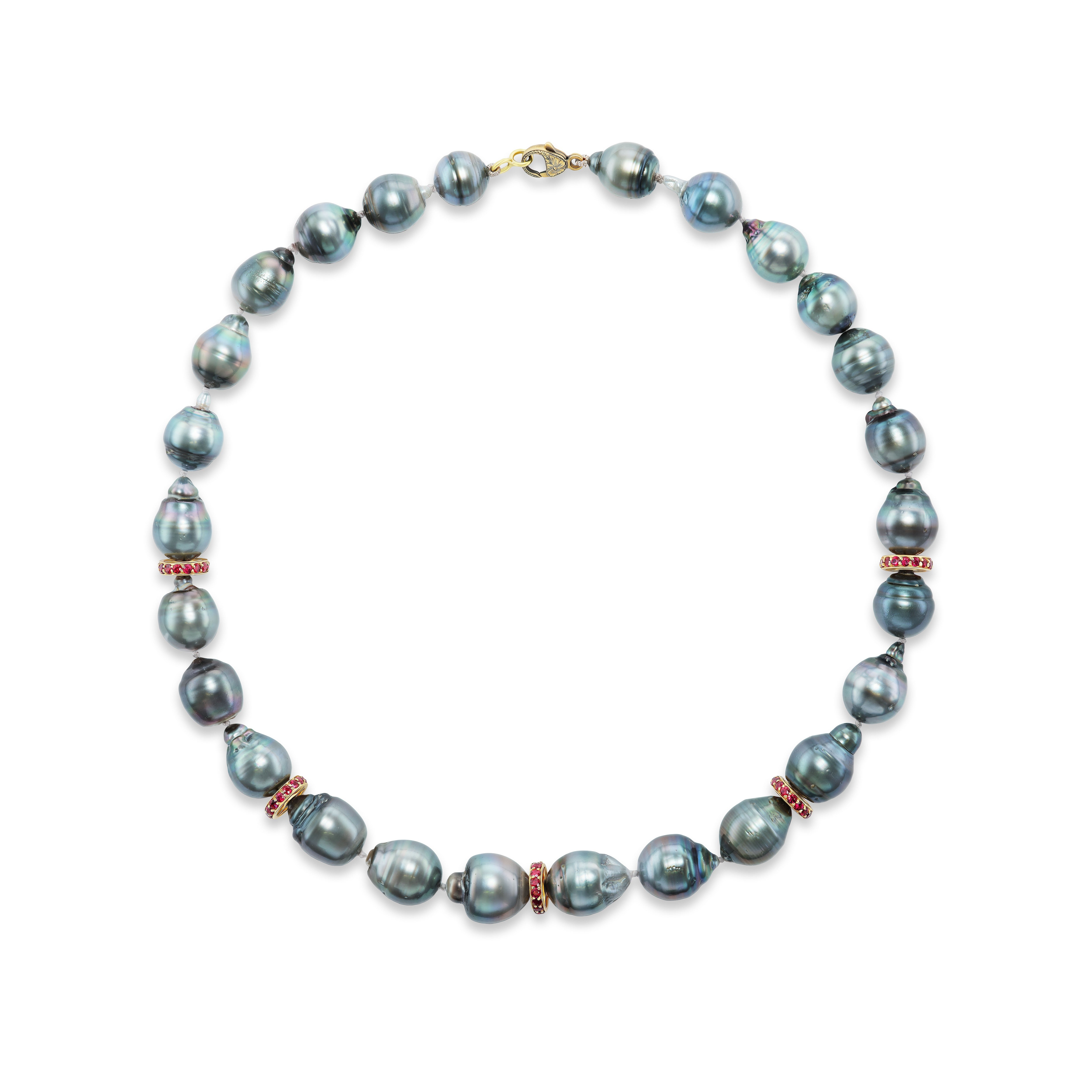 Tahitian Pearl Necklace with Ruby rondelle beads and 18k yellow gold by Sylva & Cie