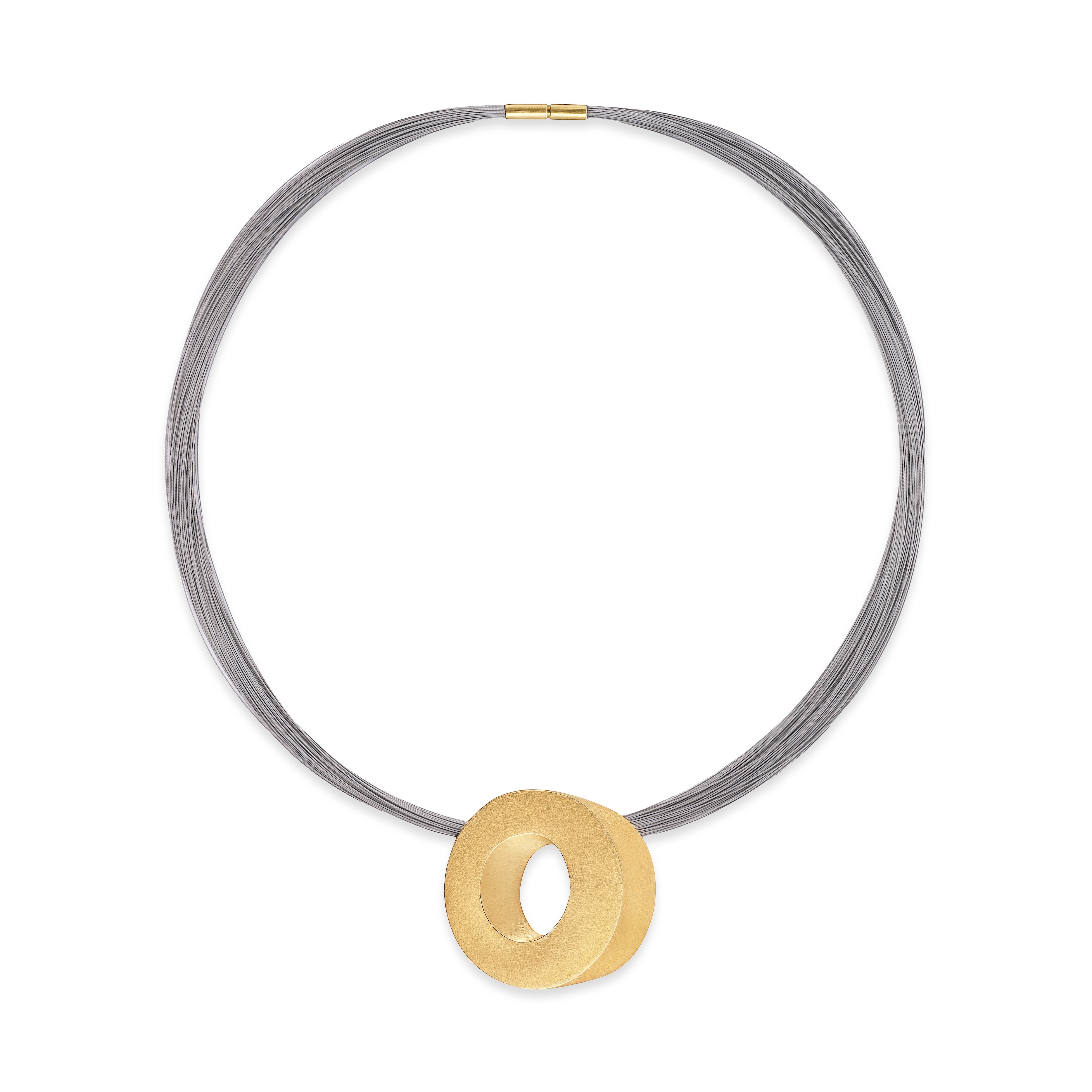 18k yellow gold and titanium trompe loeil Claude chavent Paris geometric o pendant necklace disk charm