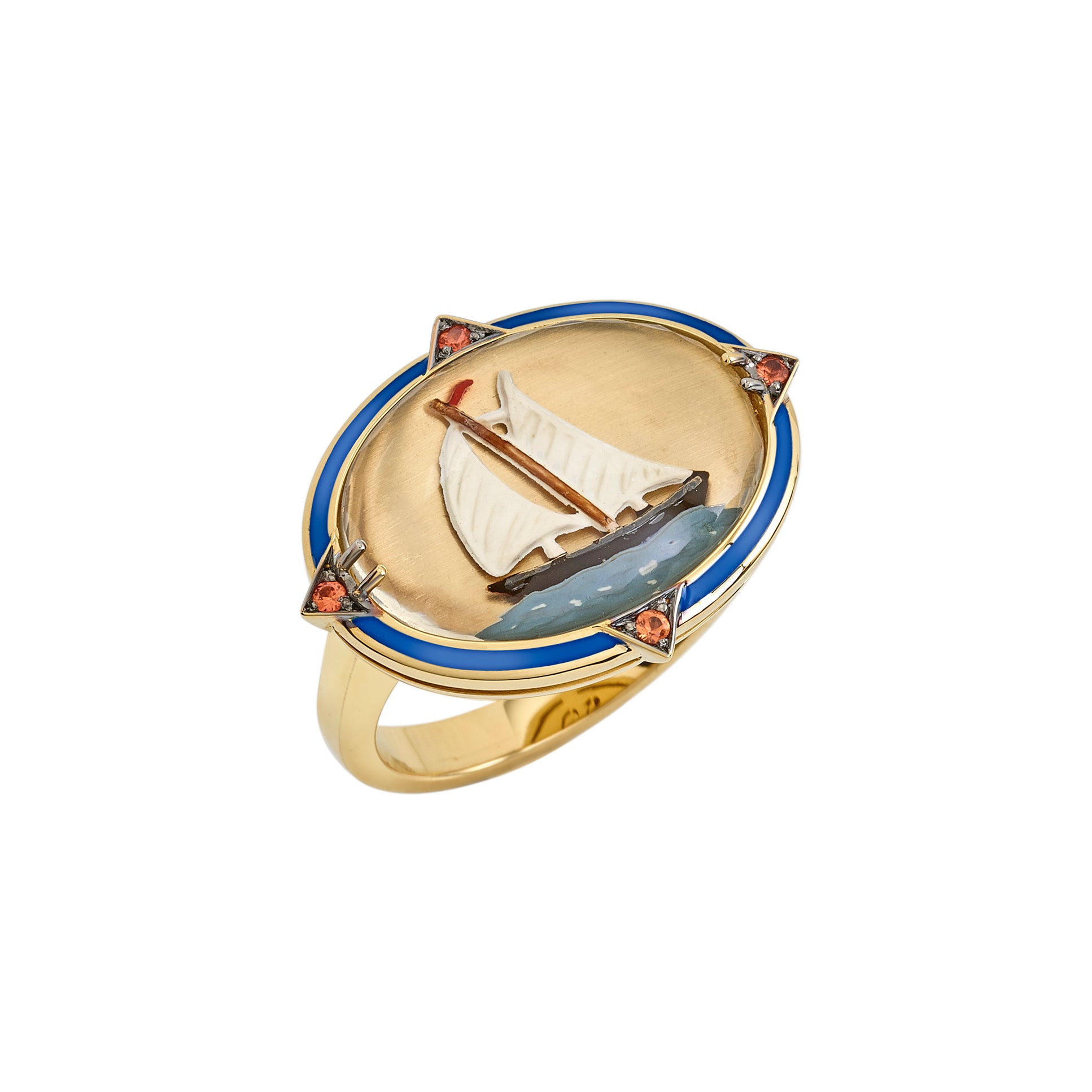 18k yellow gold Tiziana orange sapphire, blue enamel oval Essex crystal hand painted sailboat ring by Francesca Villa Tiny Gods