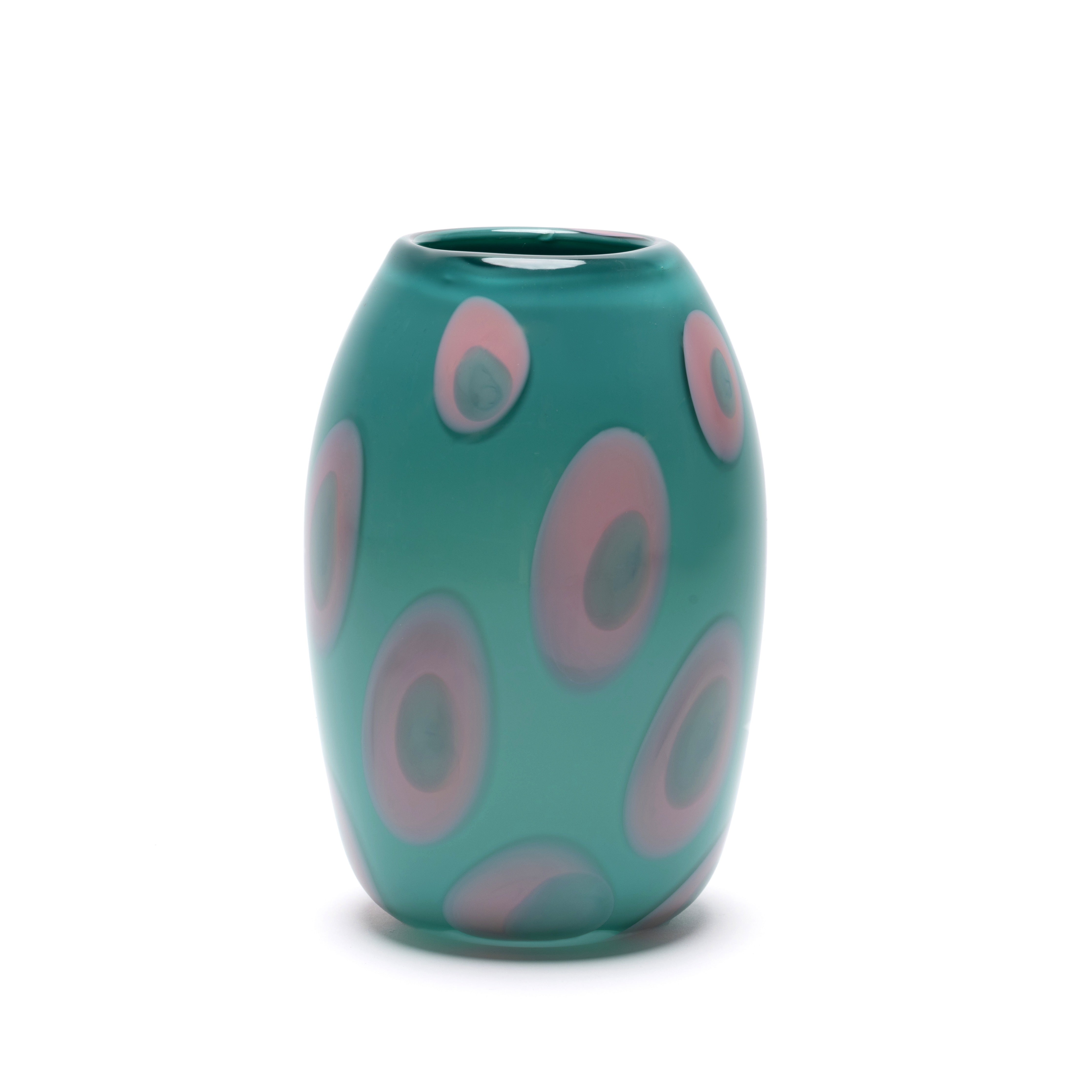 turquoise glass vase with pink and teal spots by Paul Arnhold Tiny Gods