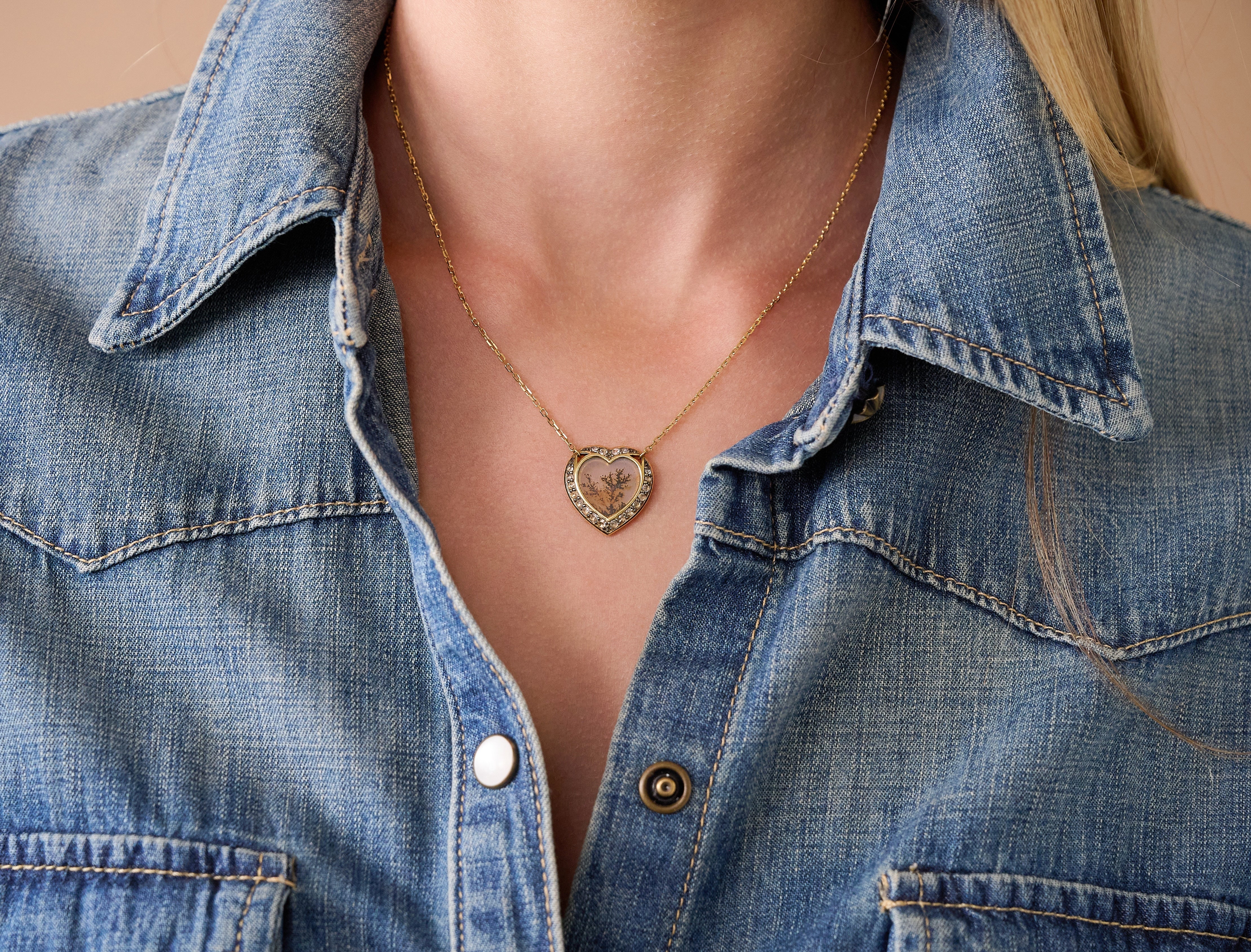 18k yellow gold diamond dryada heart necklace frame dendritic agate pendant necklace by Venyx Tiny Gods on model
