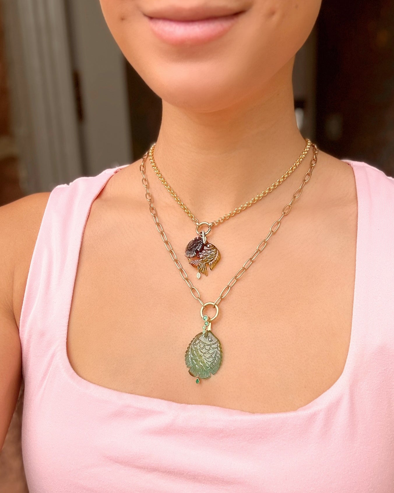 Medium Green & Orange Tourmaline Fish Charm Pendant with diamond bale 18k yellow gold by Violette at Tiny Gods on model