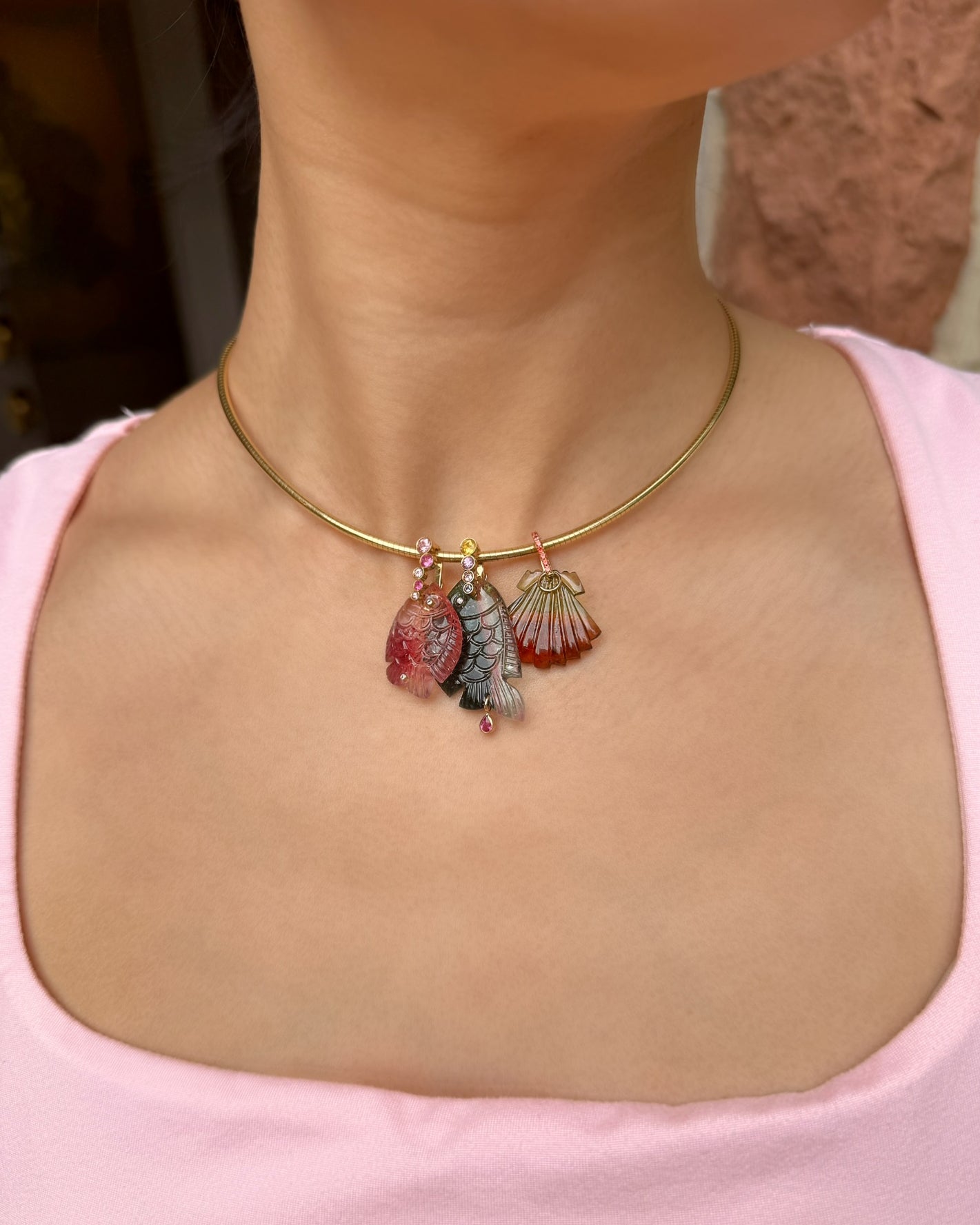 18k yellow gold Bi-Color hand-carved Tourmaline Clam Shell Pendant charm by Violette at Tiny Gods with enhancer bale with sapphires sea life jewelry