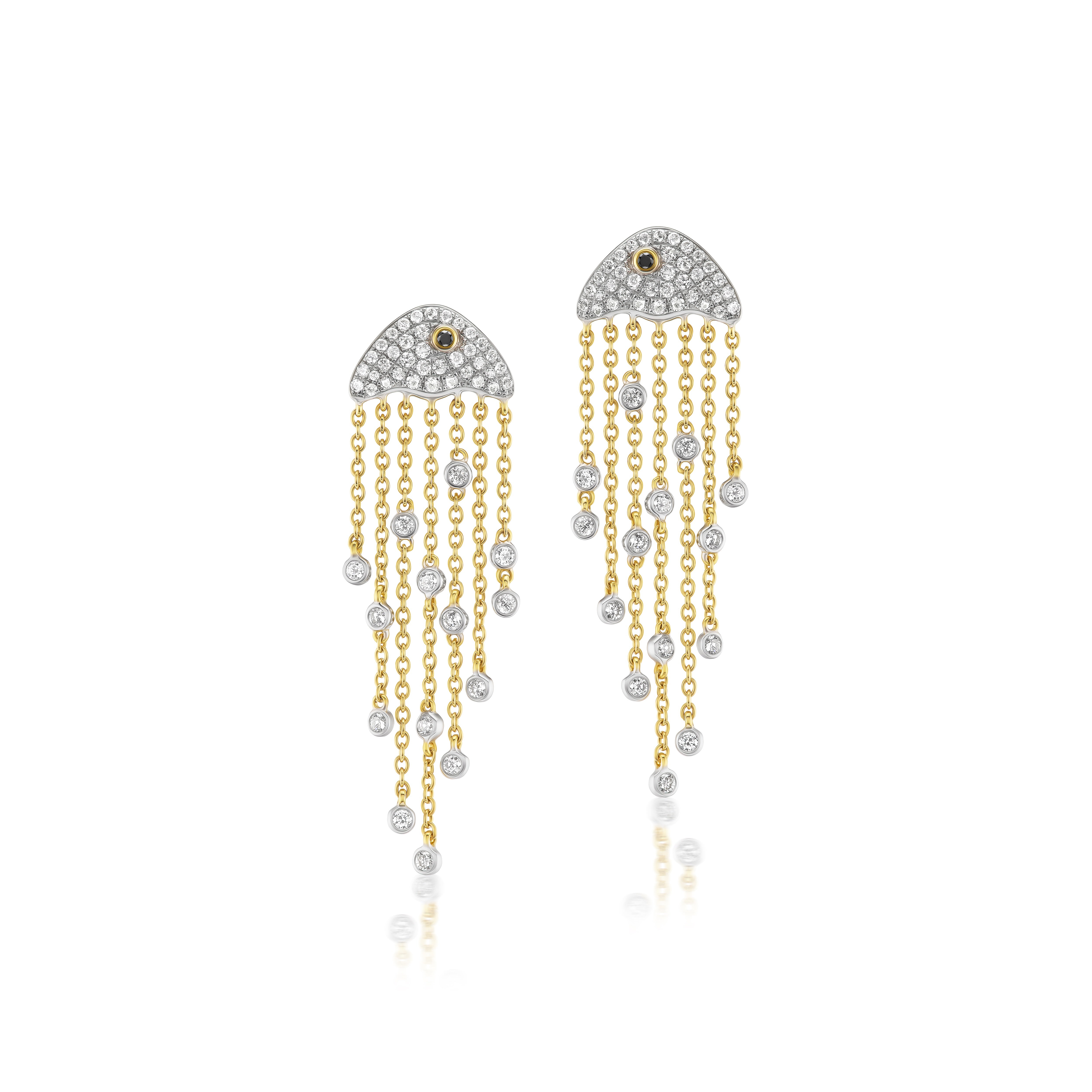 9k yellow gold maxi diamond jellyfish tentacle dangle fish sea water ocean drop earrings by Yvonne Leon Tiny Gods
