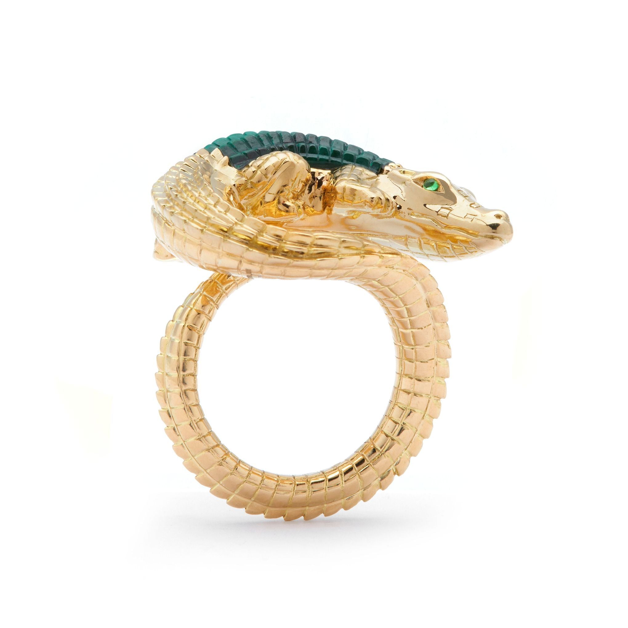 18k yellow gold alligator wrap ring with malachite inlay statement ring by Bibi van der Velden Tiny Gods