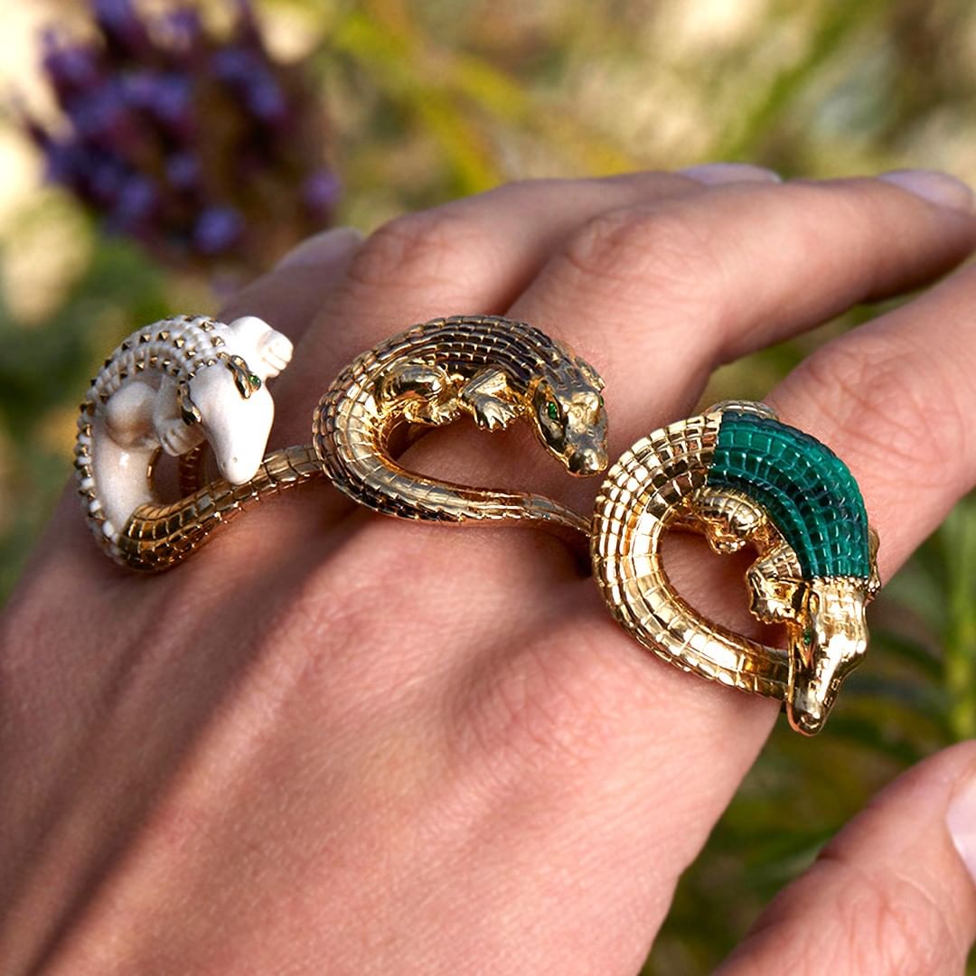 18k yellow gold alligator wrap ring with malachite inlay statement ring by Bibi van der Velden Tiny Gods