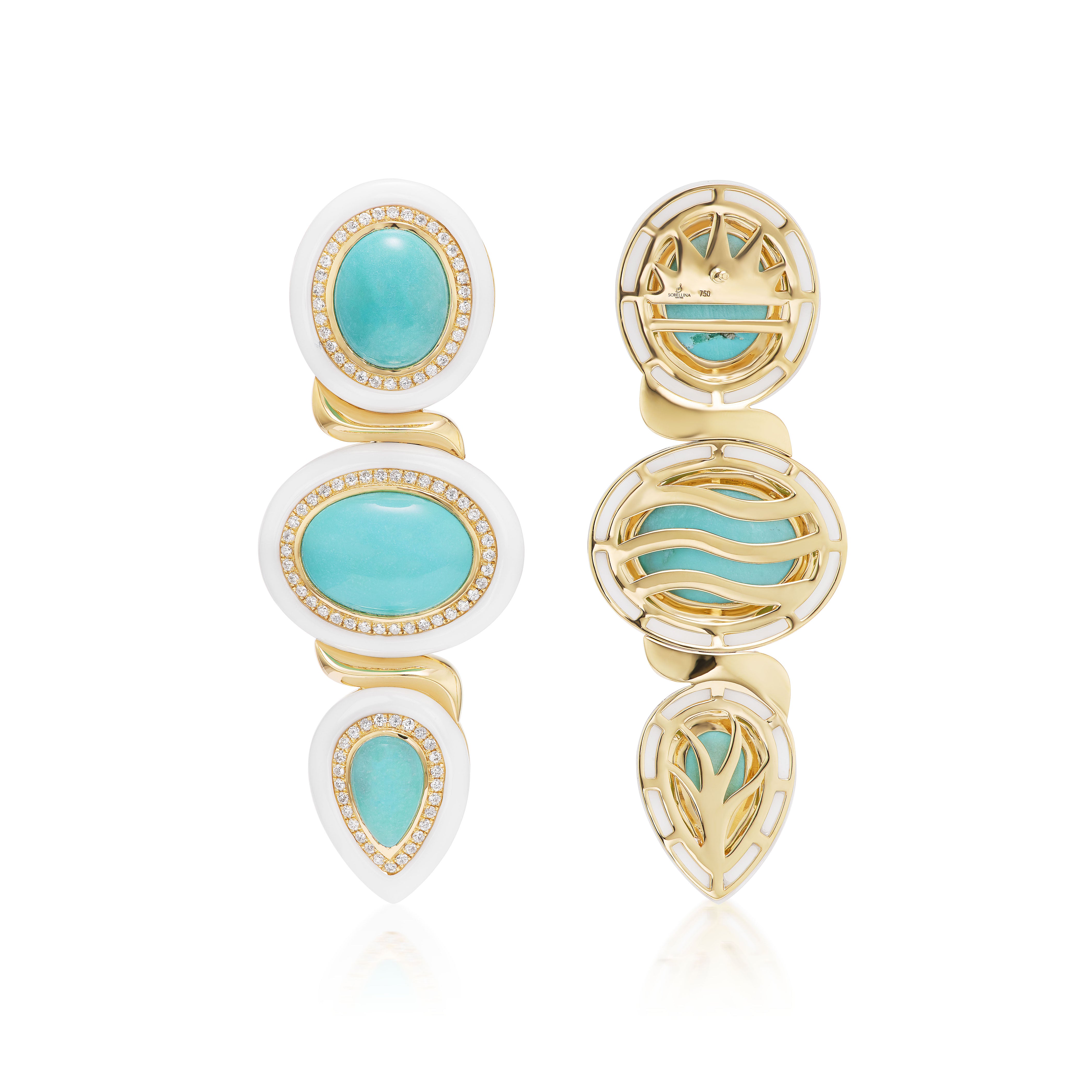 18k yellow gold white onyx Amalfi Earrings with Sleeping Beauty Turquoise by Sorellina tiny gods one of a kind back view sale