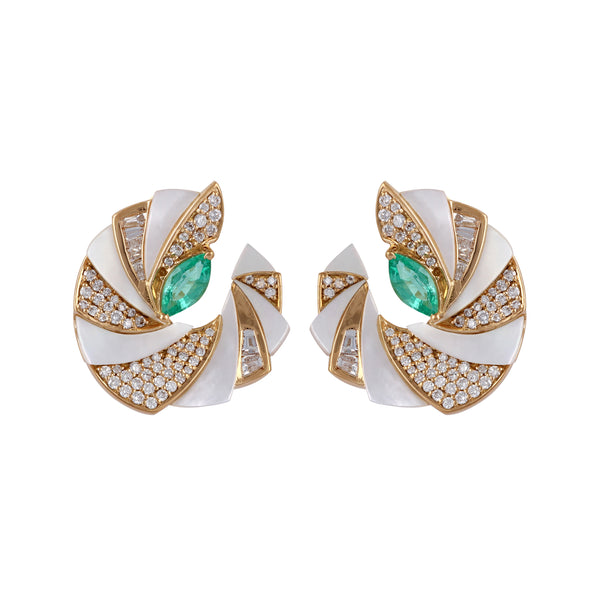 18k yellow gold emerald mini mogra c-clip earrings with white diamonds and mother of pearl by Ananya Tiny Gods