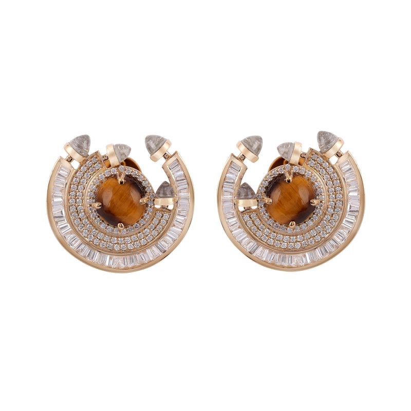 18k yellow gold tigers eye and diamond chakra round earrings by Ananya Tiny Gods