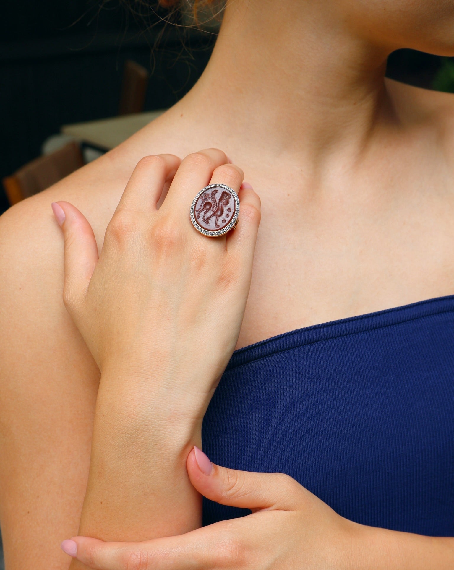 18k yellow gold diamond ancient Mesopotamian seal carved intaglio ring by Sylva & Cie Tiny Gods