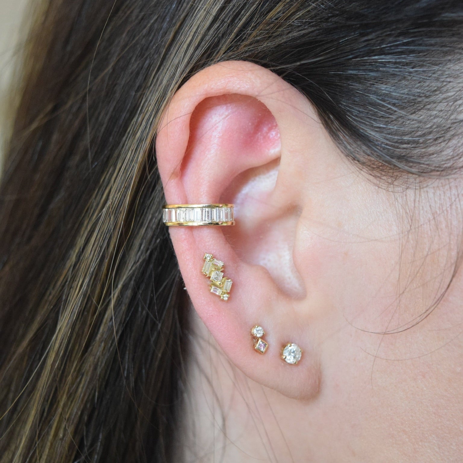 18k yellow gold diamond baguette earcuff by Anita Ko Tiny Gods