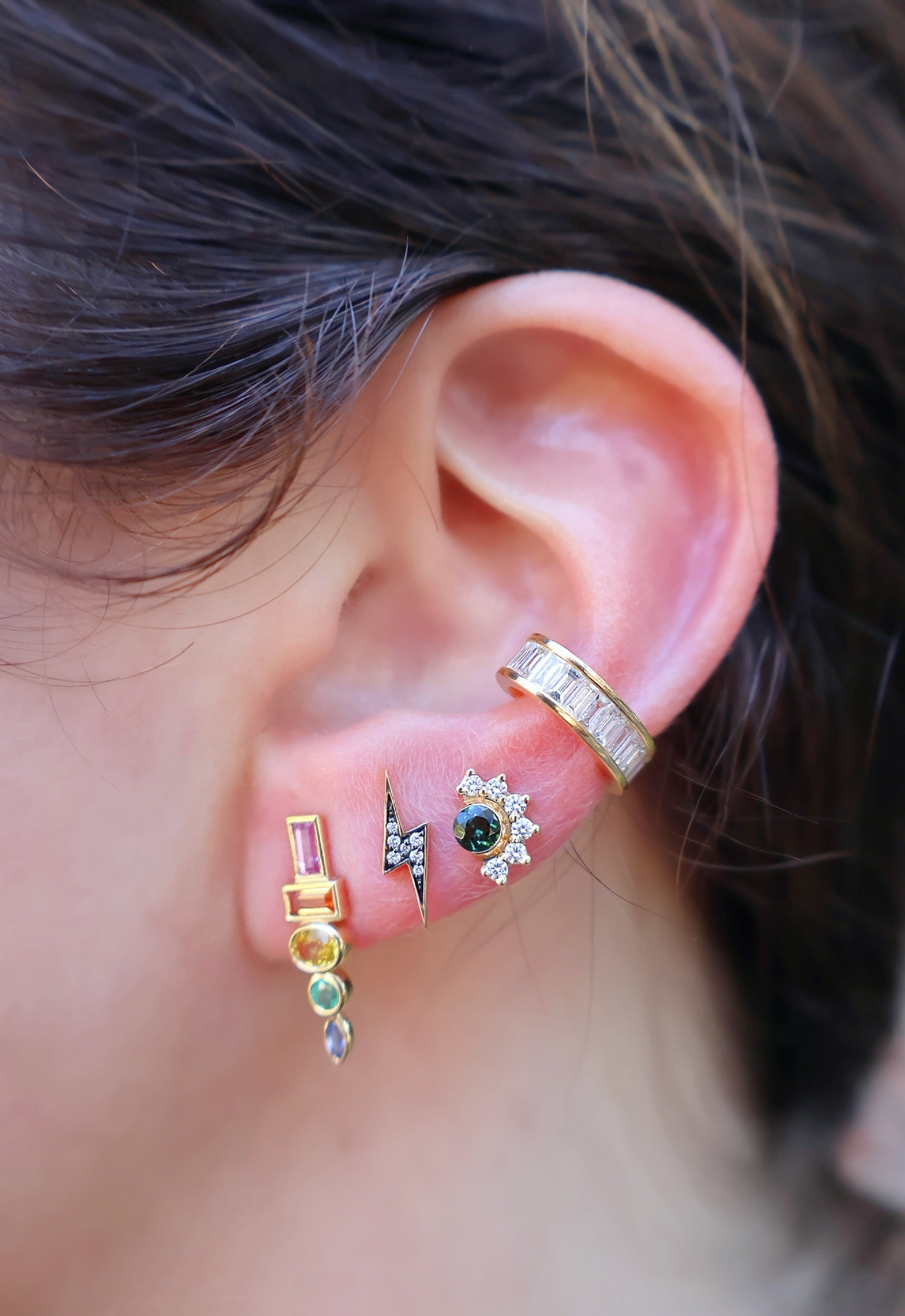 18k yellow gold diamond baguette earcuff by Anita Ko Tiny Gods