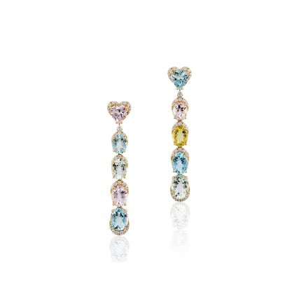 18k yellow gold aquamarine and beryl heart drop earring with diamonds by Goshwara Tiny Gods