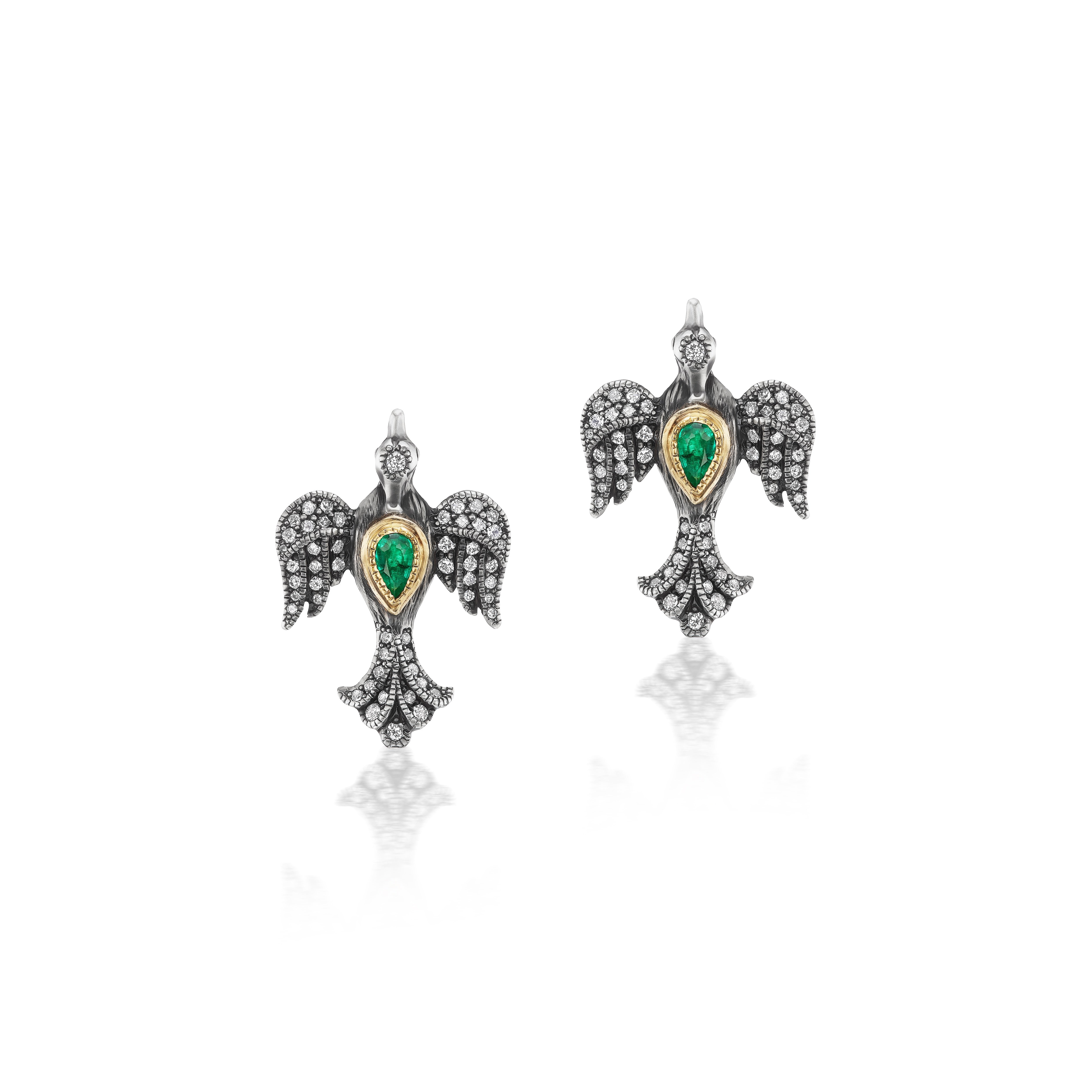 arman Sarkisyan 18k yellow gold bird earrings emerald and diamonds tiny gods