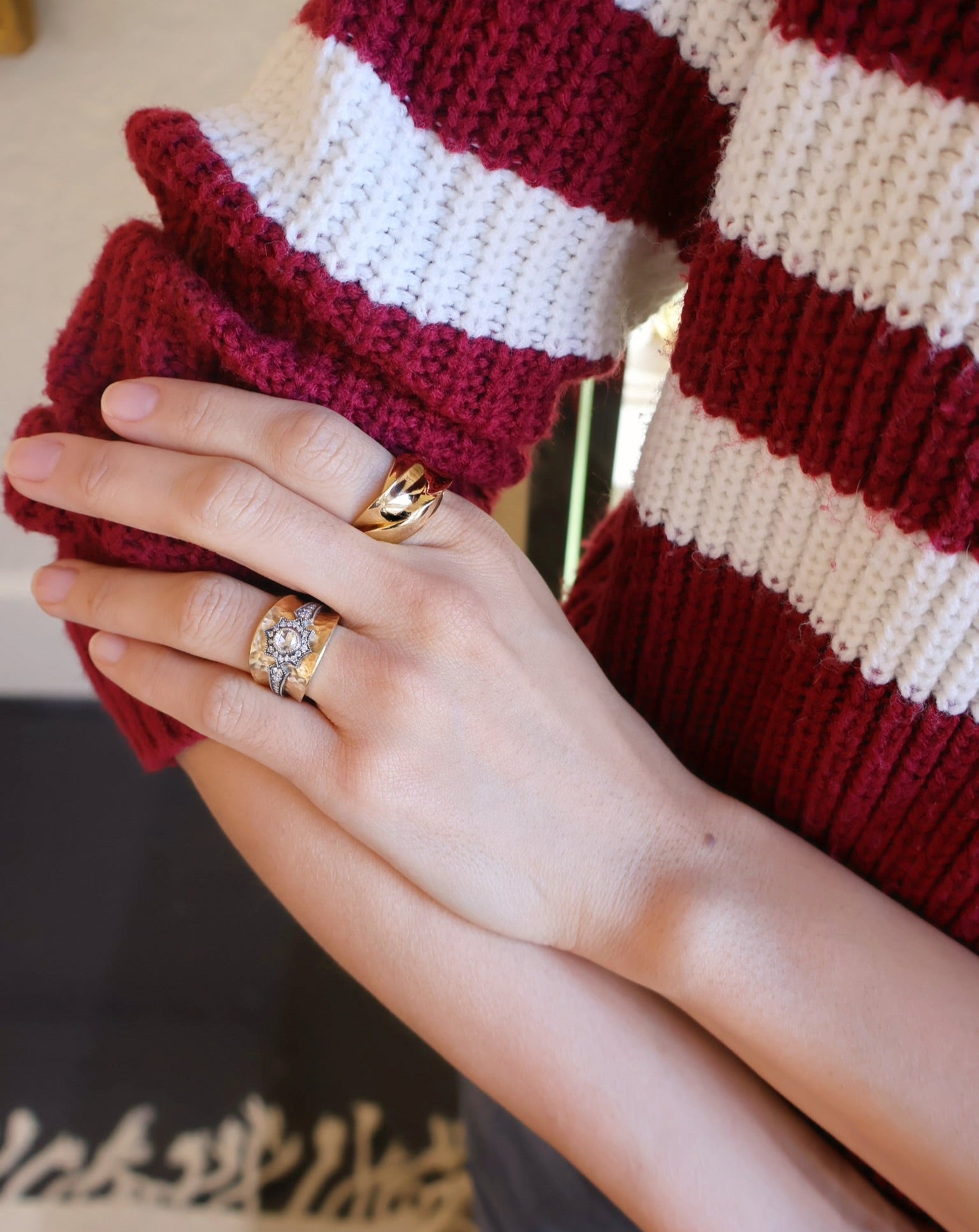 18k yellow gold hammered star sunburst diamond cigar band ring by Arman Sarkisyan Tiny Gods