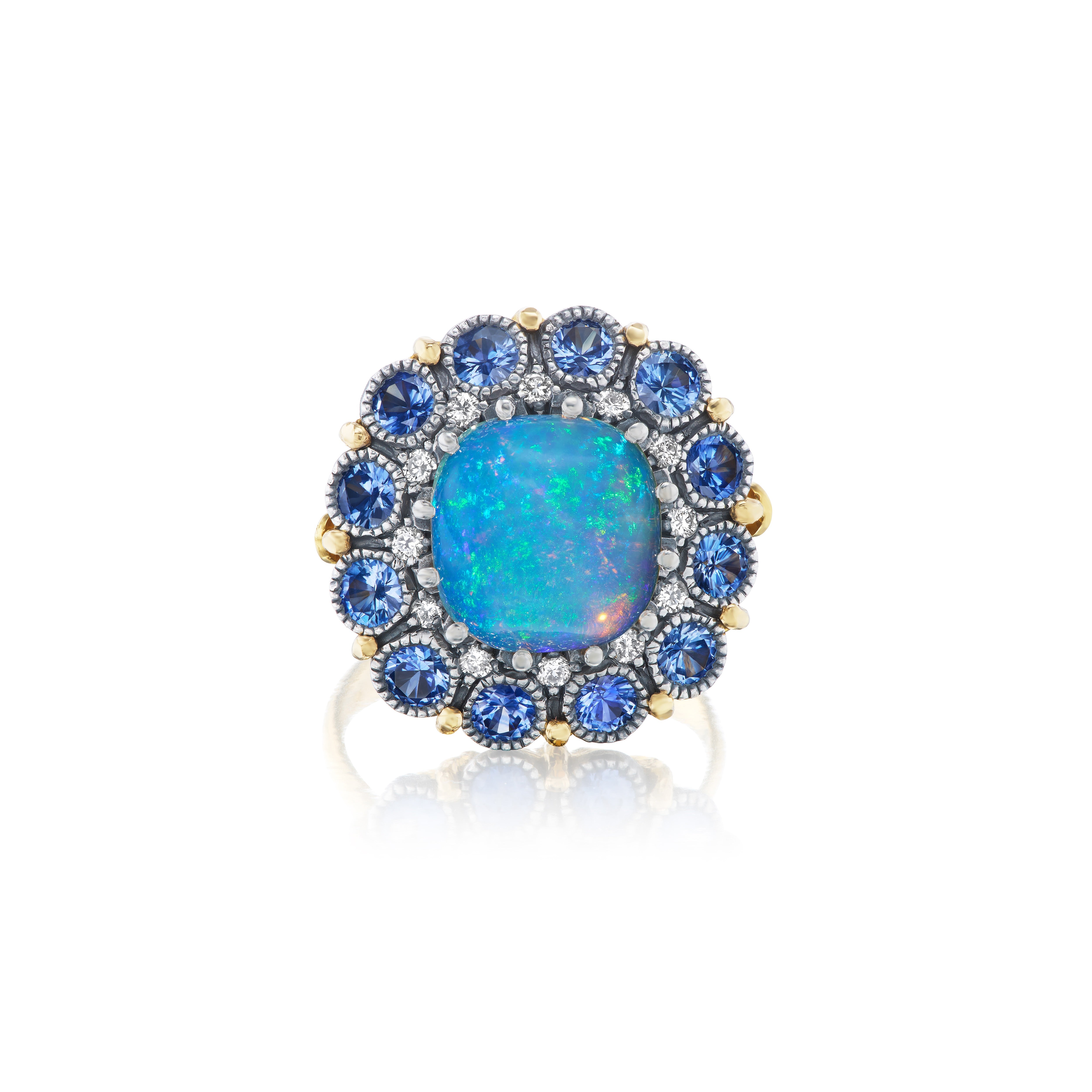 22k yellow gold and silver blue sapphire, diamond and opal statement ring by Arman Sarkisyan Tiny Gods