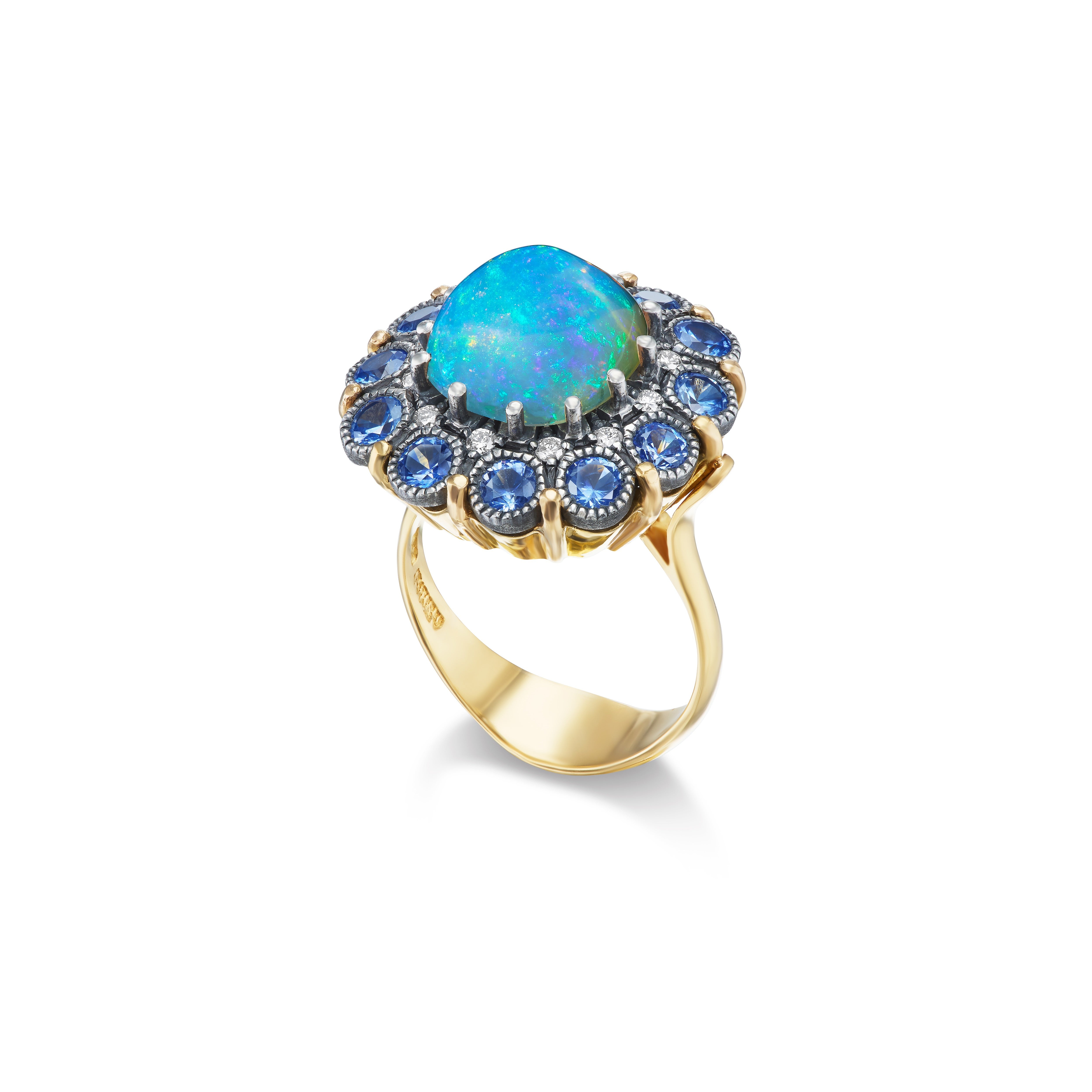 22k yellow gold and silver blue sapphire, diamond and opal statement ring by Arman Sarkisyan Tiny Gods