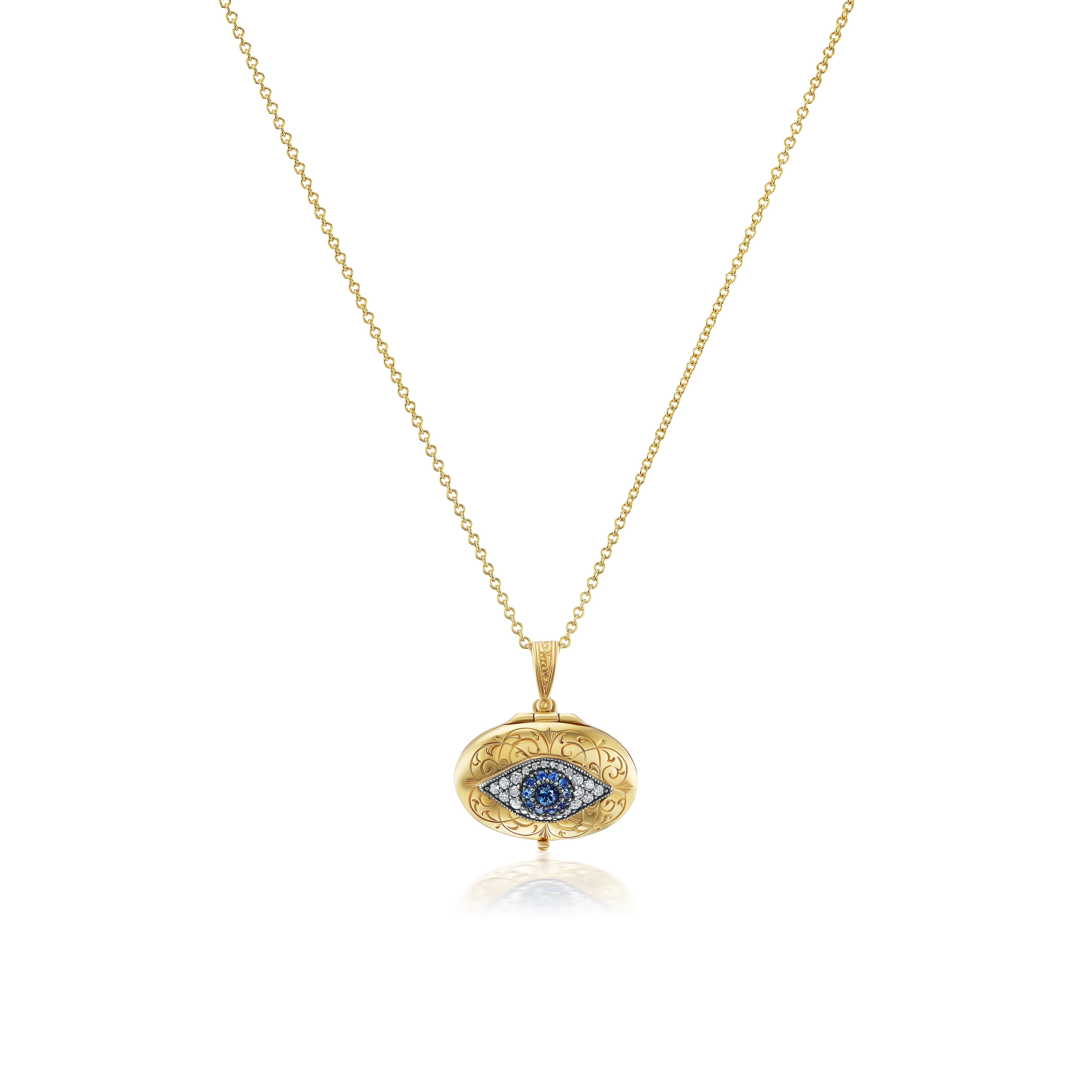 arman Sarkisyan yelow gold diamond blue sapphire evil eye locket pendant necklace tiny gods longer chain