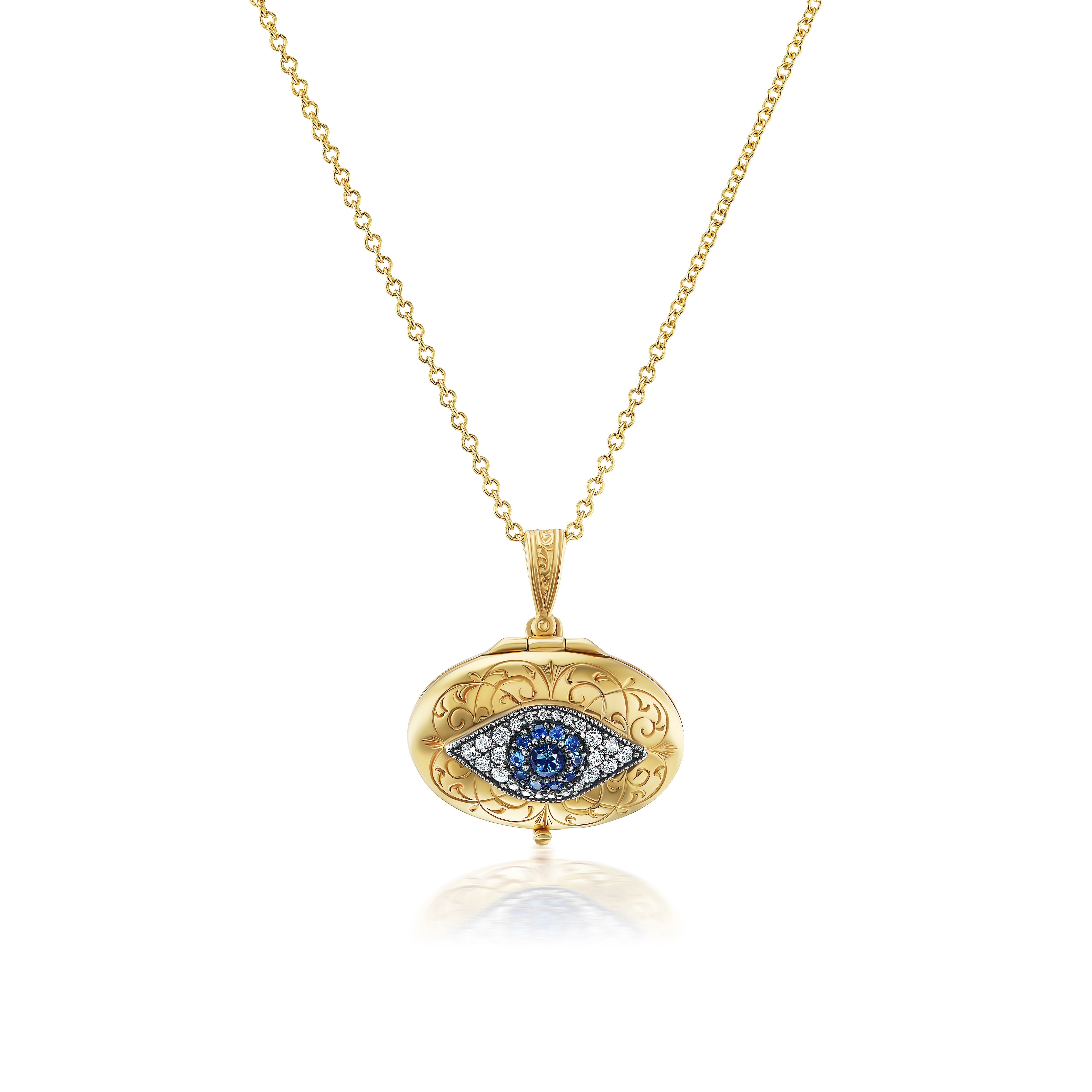 arman Sarkisyan yelow gold diamond blue sapphire evil eye locket pendant necklace tiny gods