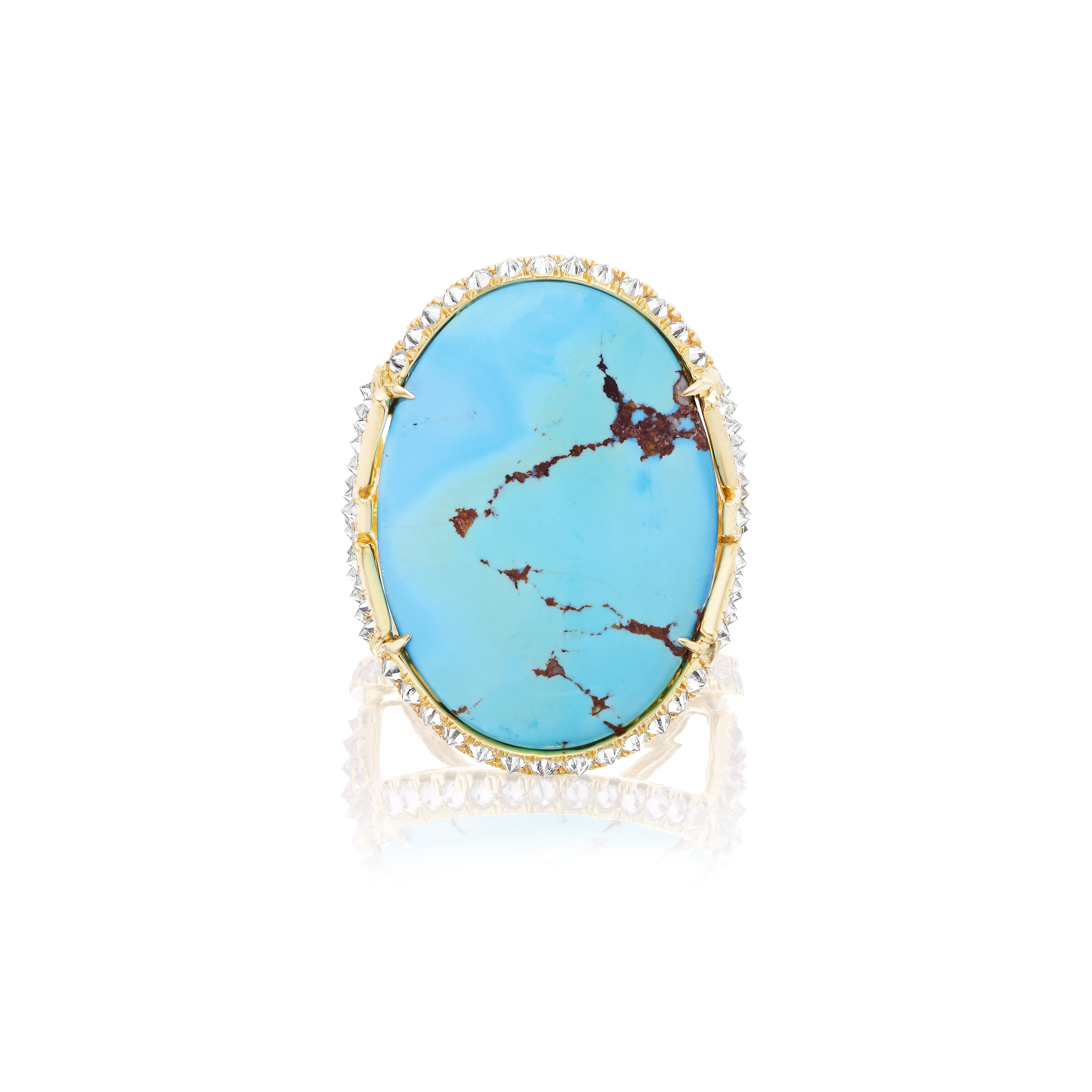 18k yellow gold and lavender turquoise oval statement ring with diamond border by Arunashi tiny gods