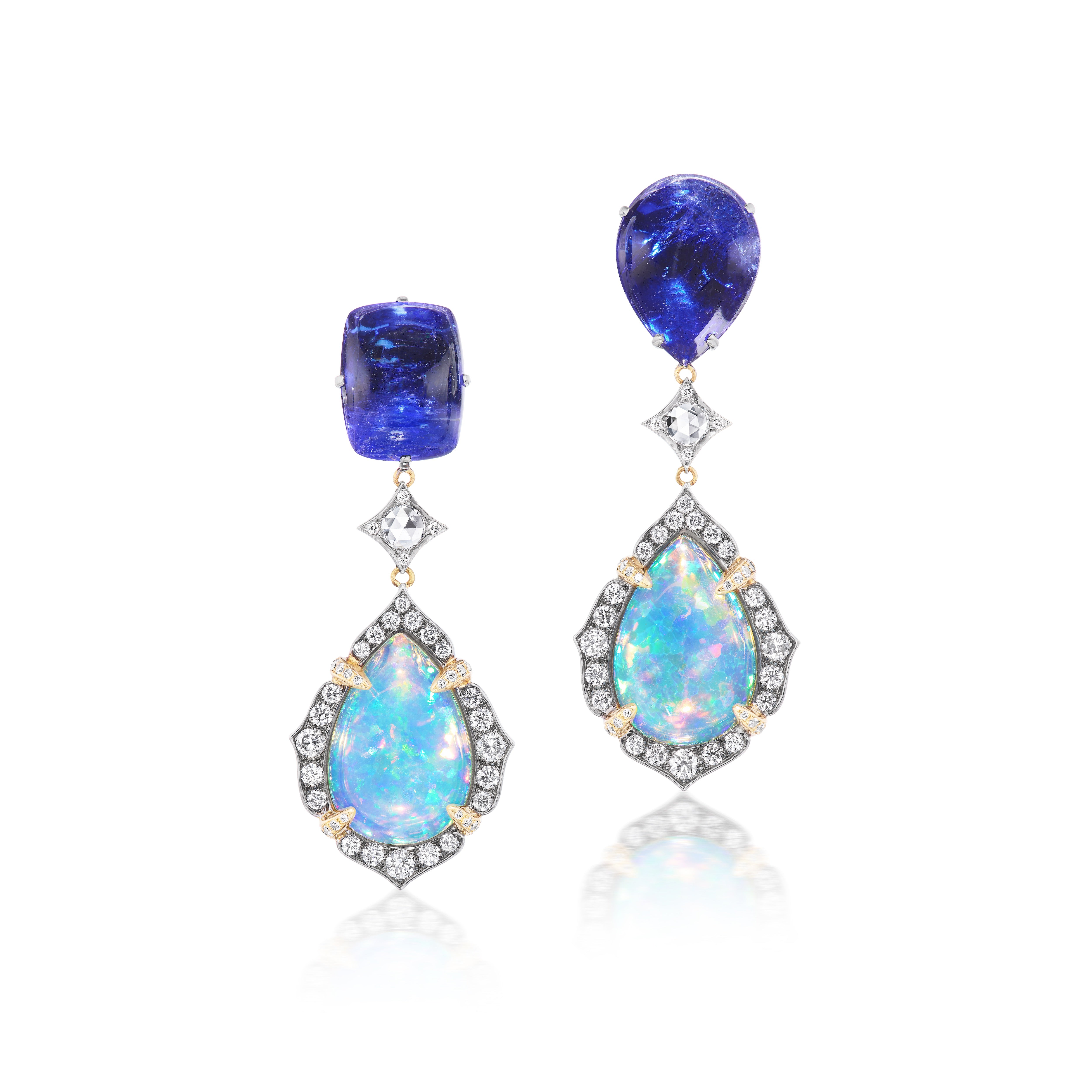 18k white gold blue tanzanite diamond opal pear drop statement earrings by Arunashi Tiny Gods one of a kind statement earrings for princess