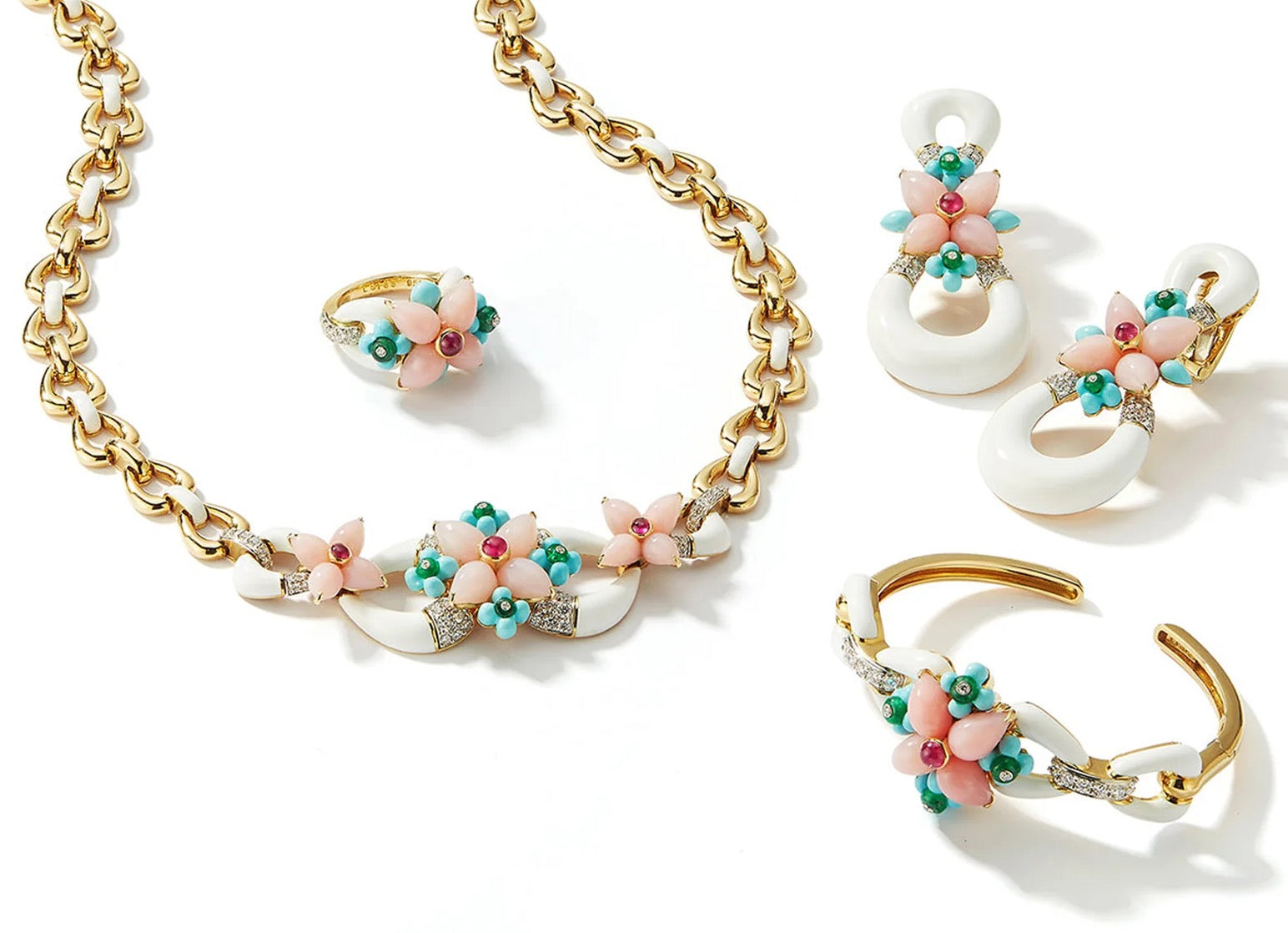 18k yellow gold and platinum Asheville necklace, earring, ring and bracelet by David Webb Tiny Gods