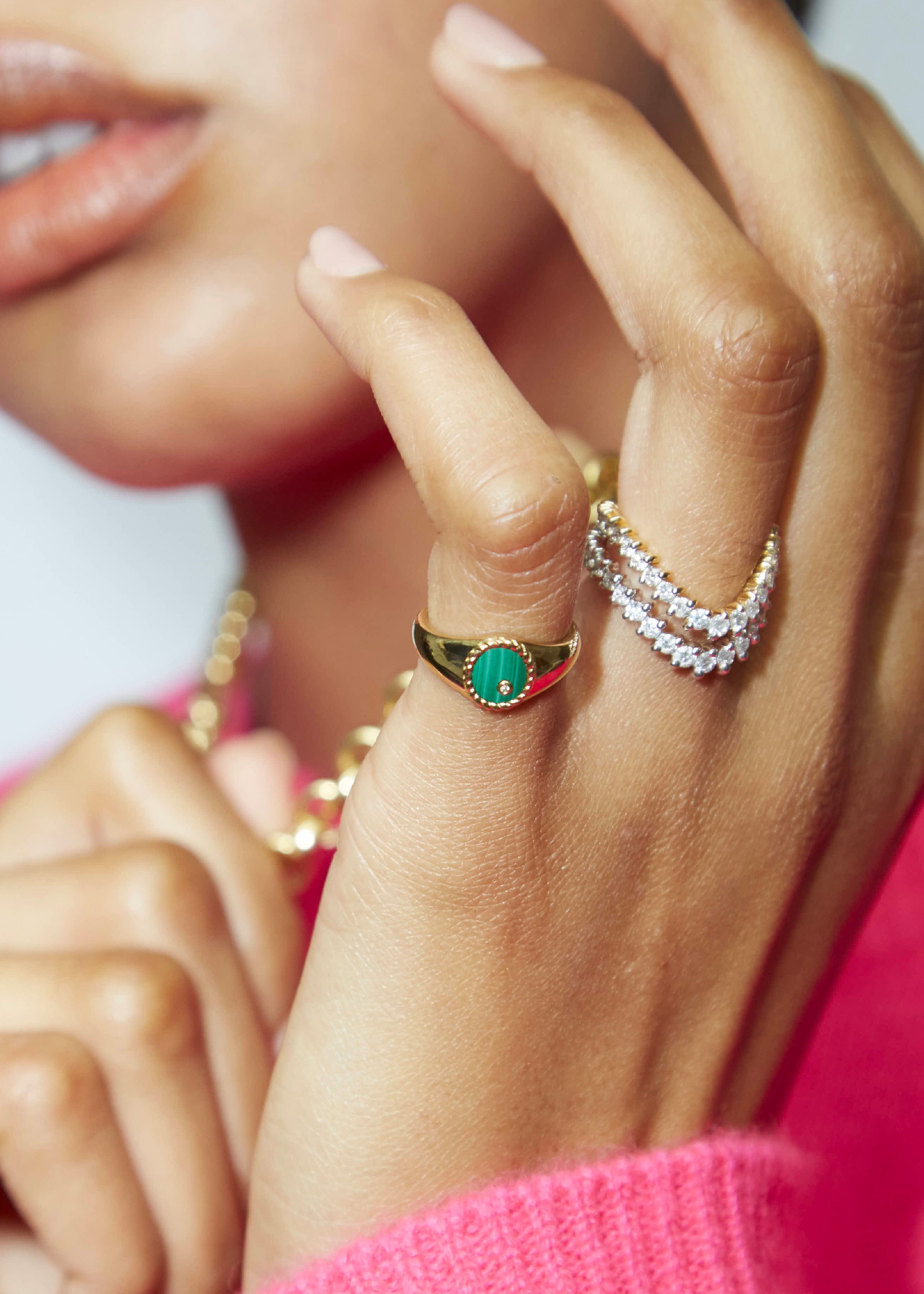 9k yellow gold oval green malachite diamond signet pinky ring by Yvonne Leon Tiny Gods