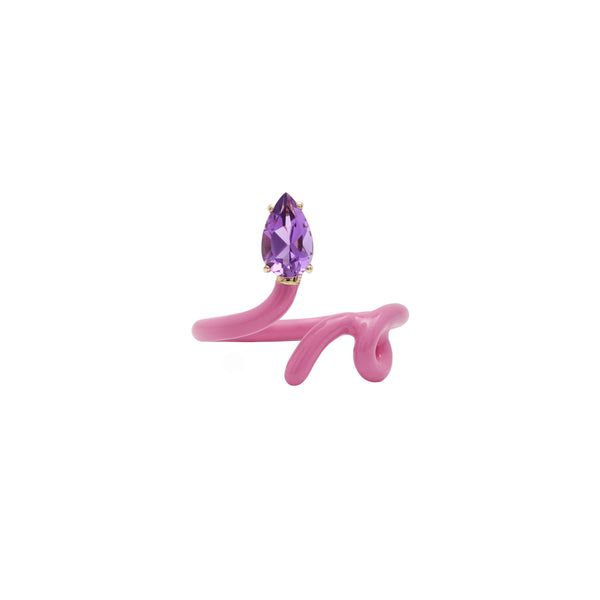 bubblegum pink enamel vine ring with amethyst by Bea Bongiasca Tiny Gods