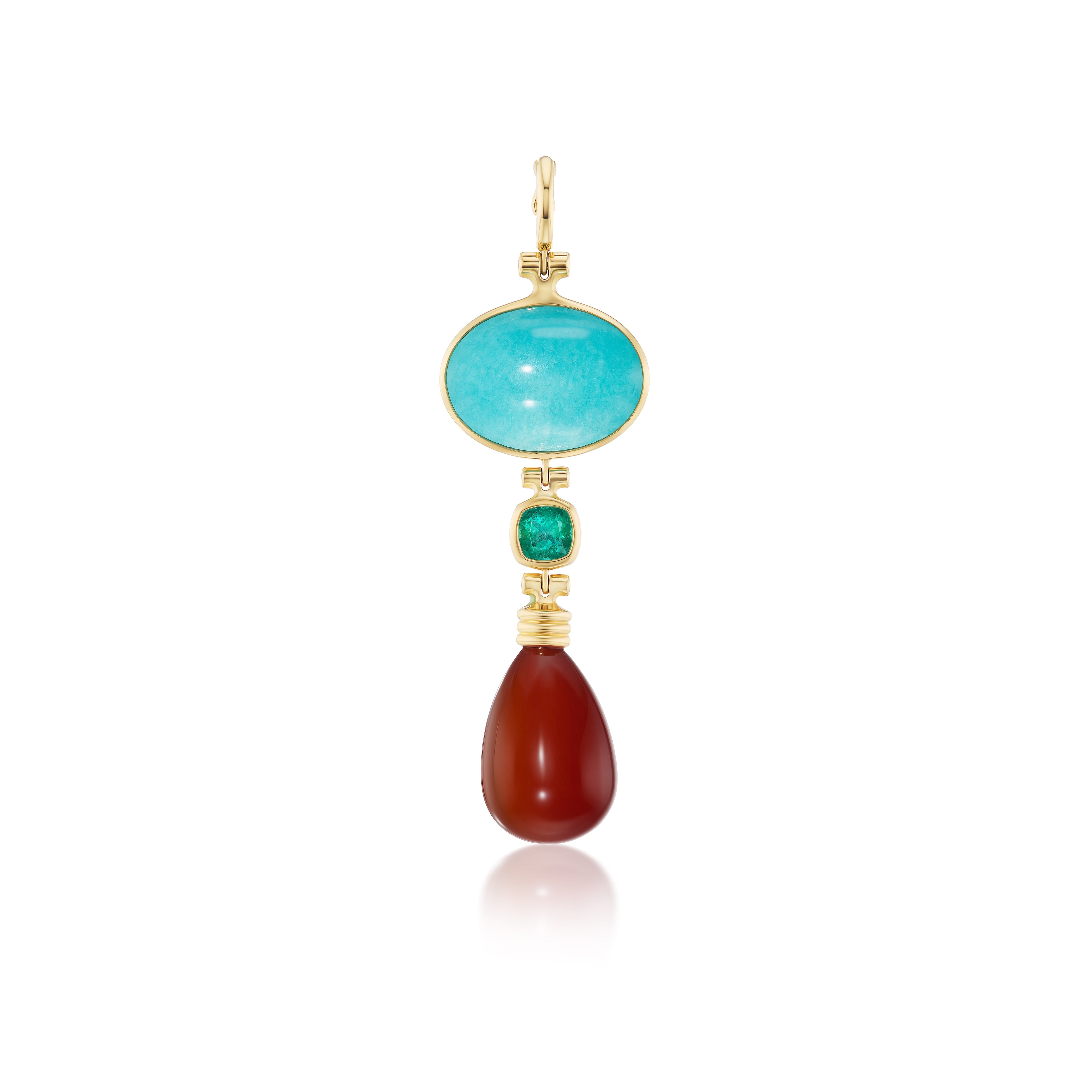18K yellow gold Porto Pendant with Amazonite, Emerald & Carnelian by Beck at Tiny Gods