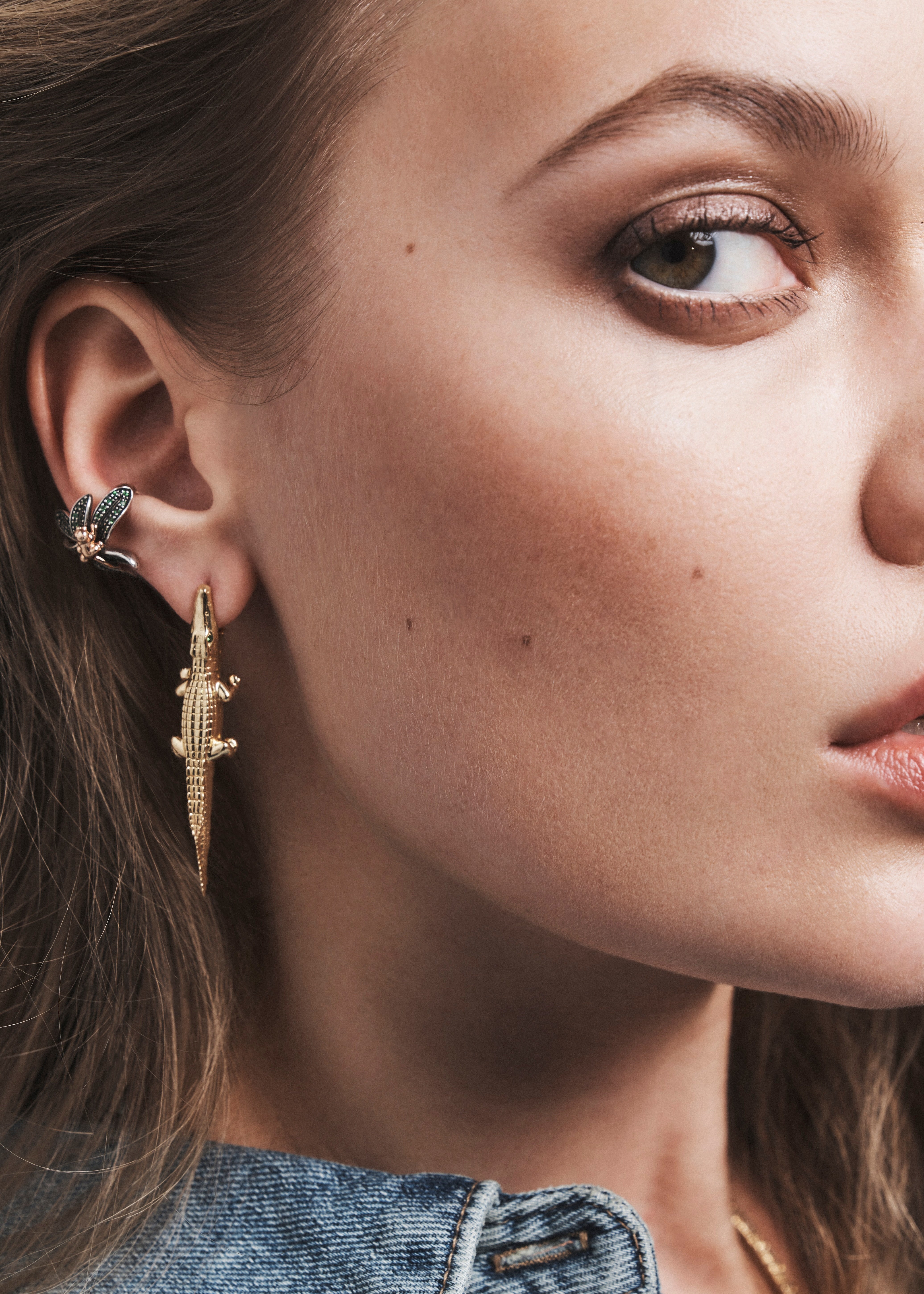 18k yellow gold alligator bite earrings by Bibi Van Der Velden Tiny Gods on model