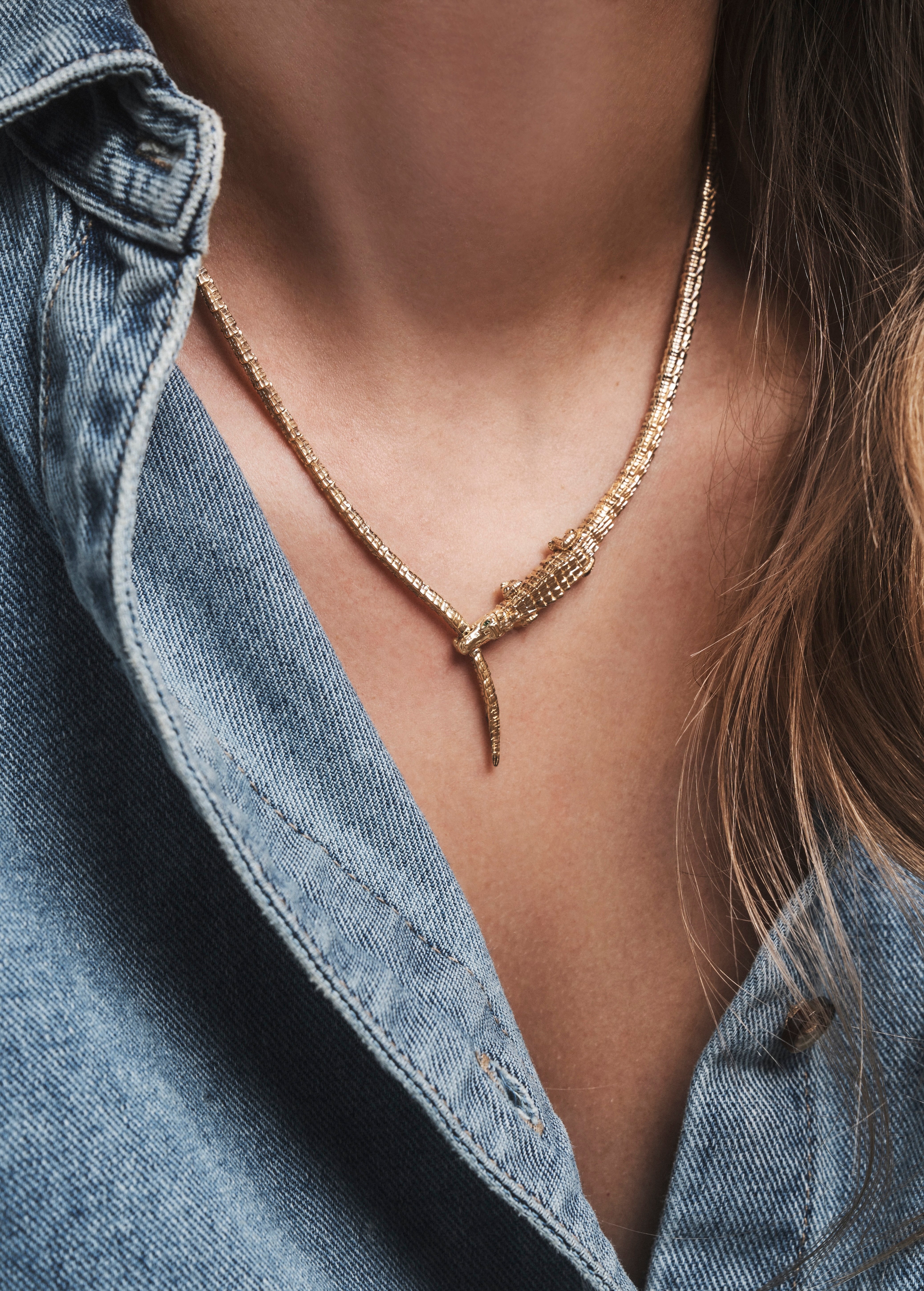 18k yellow gold Bibi van der Velden alligator bite choker necklace tiny gods on model