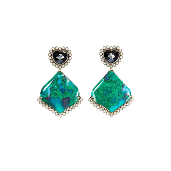 18k white gold black diamond heart earrings with blue green chalcedony by Guita M Tiny Gods