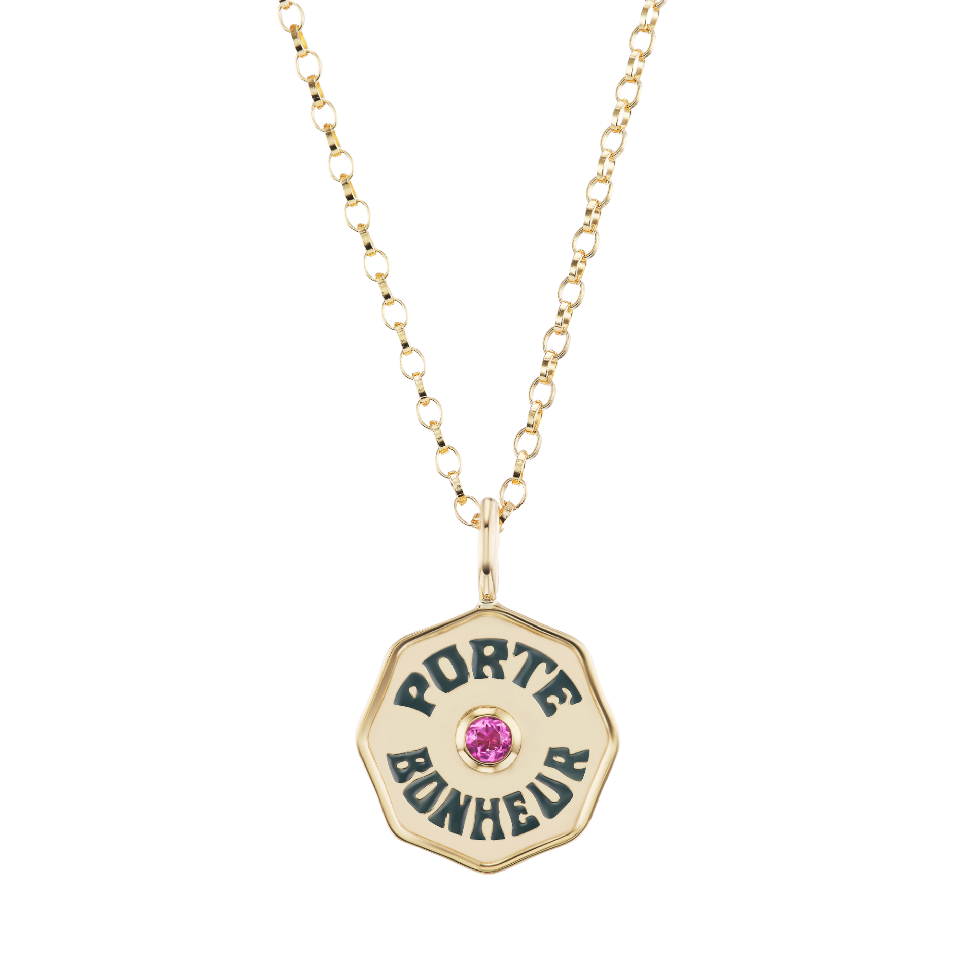 14k yellow gold black enamel pink tourmaline mini Porte Bonheur charm by Marlo Laz Tiny Gods