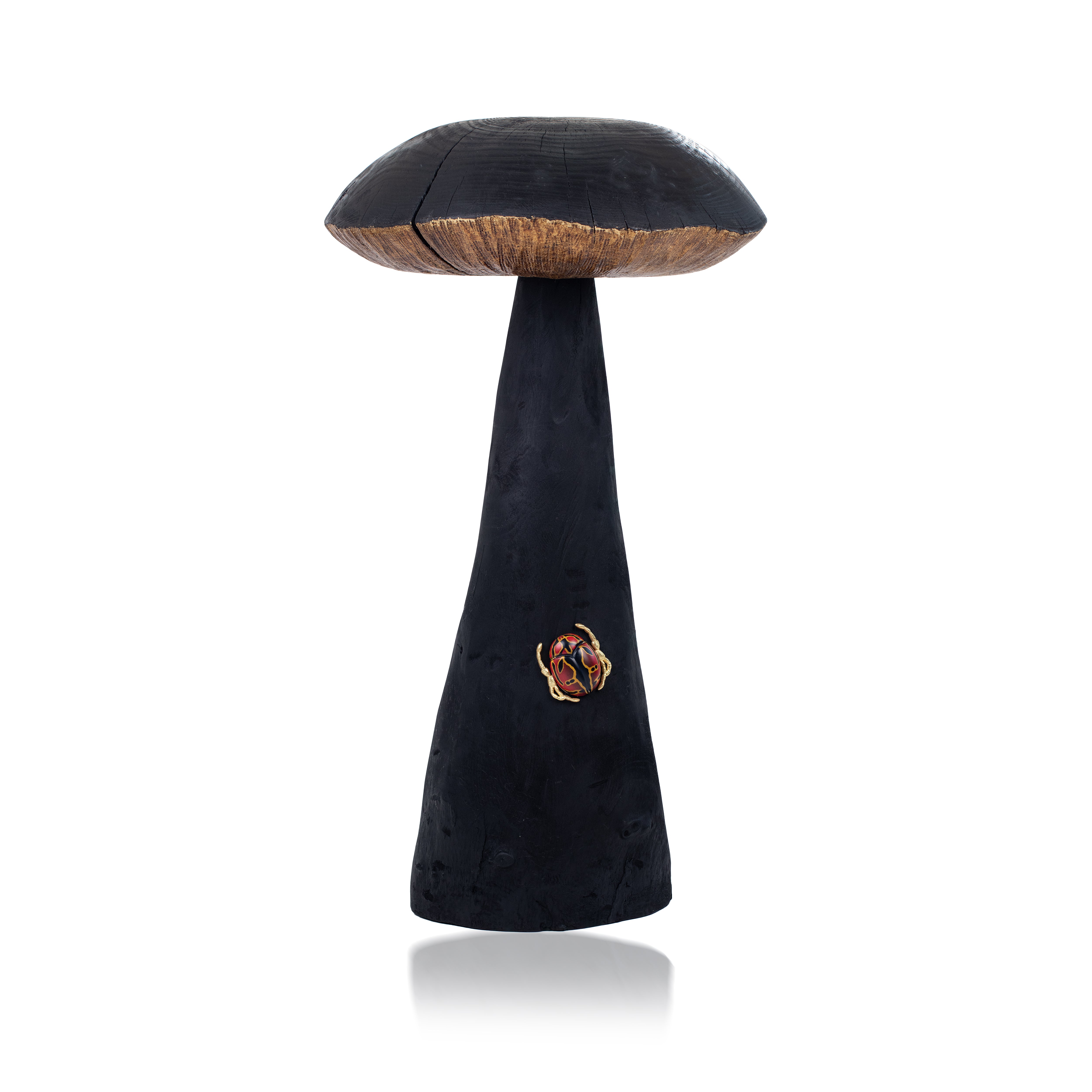 black marquetry brown wood mushroom home decor with red bug by Silvia Furmanovich Tiny Gods