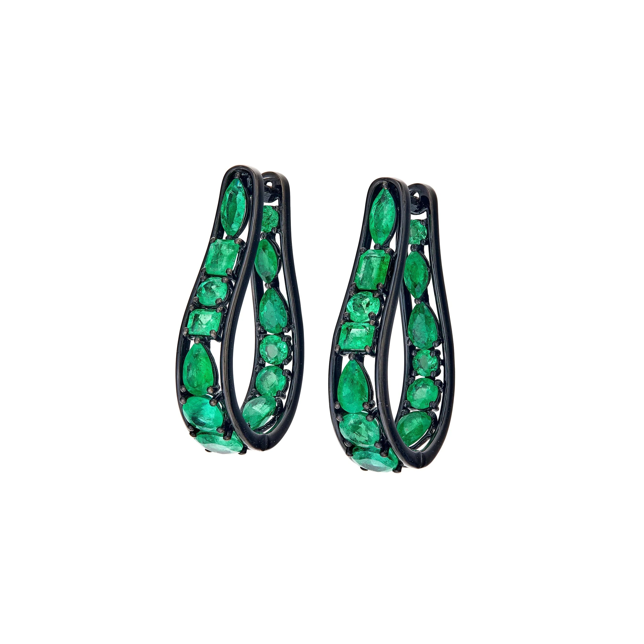 18k black rhodium colombian emerald poplar hoop earrings by Tiny Gods