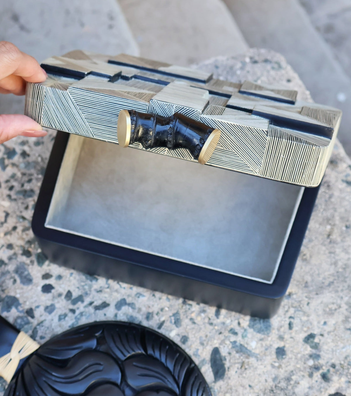black and white wheat straw geometric wooden marquetry jewelry box with bamboo handle by Silvia Furmanovich tiny Gods