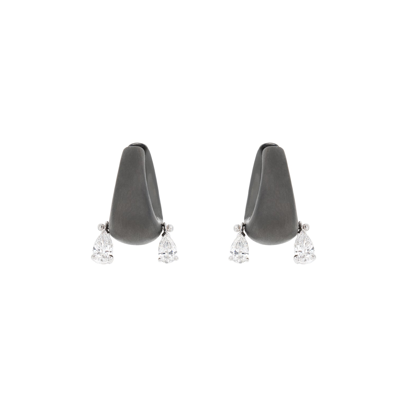 18k blackened white gold double pear cut diamond dangle huggies hoop earrings by Nikos Koulis Tiny Gods