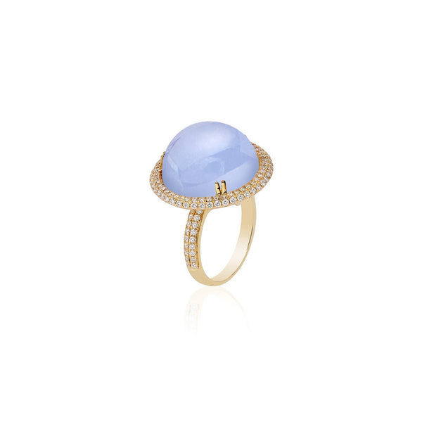 18k yellow gold round cabochon blue chalcedony ring with diamonds by Goshwara Tiny Gods