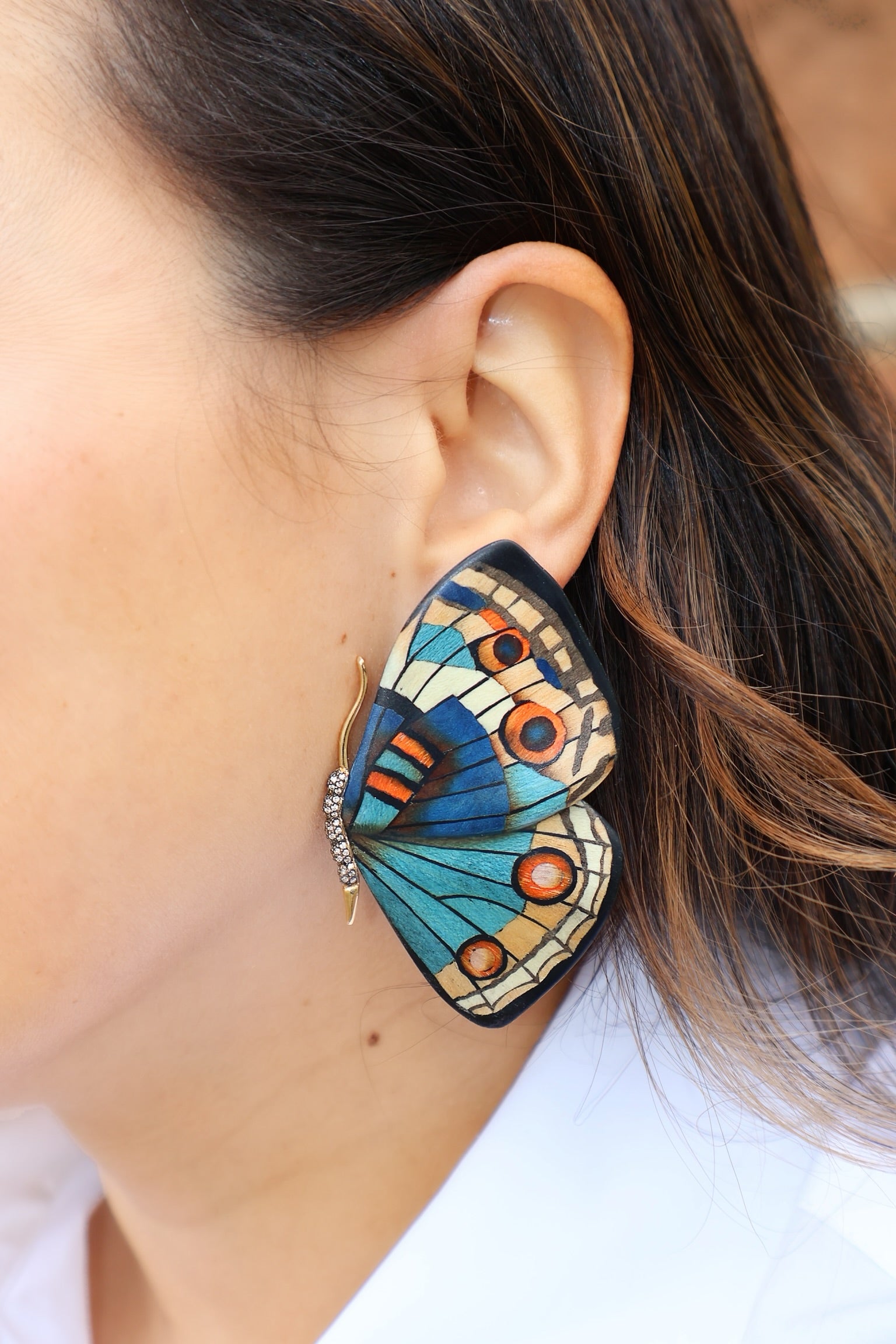 18k yellow gold diamond Blue Butterfly Marquetry Earrings by Silvia Furmanovich
