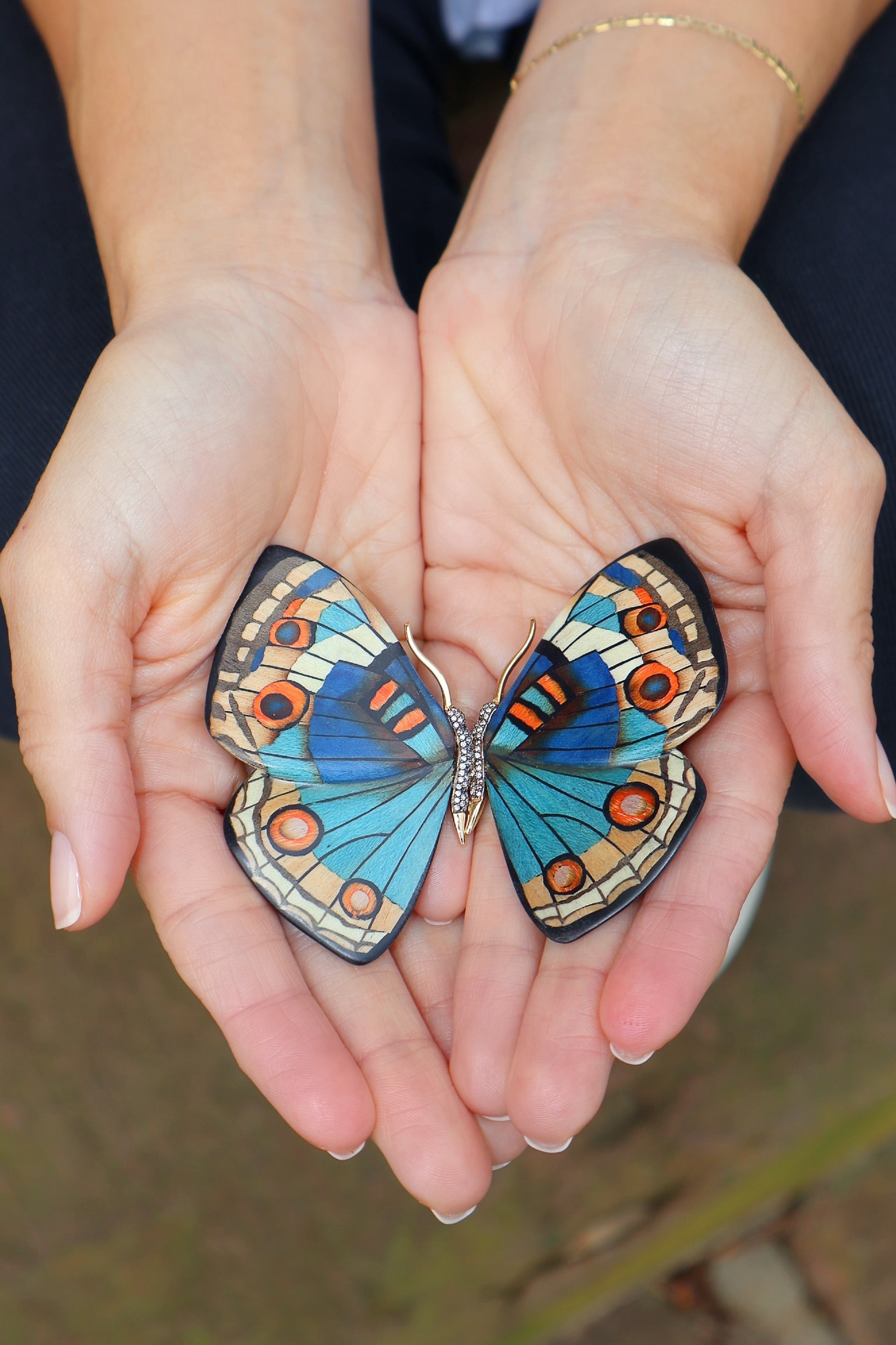 18k yellow gold diamond Blue Butterfly Marquetry Earrings by Silvia Furmanovich