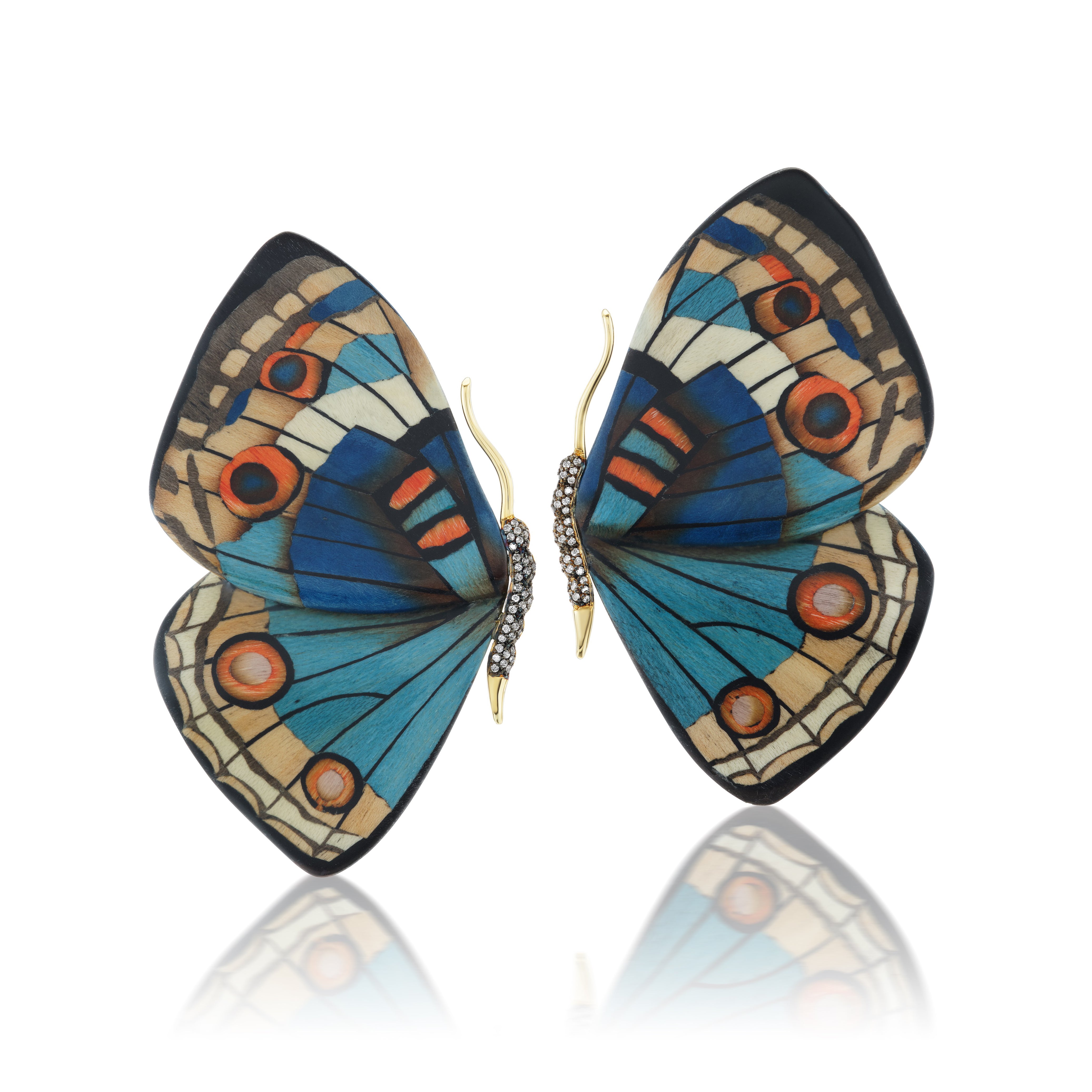 18k yellow gold diamond Blue Butterfly Marquetry Earrings by Silvia Furmanovich