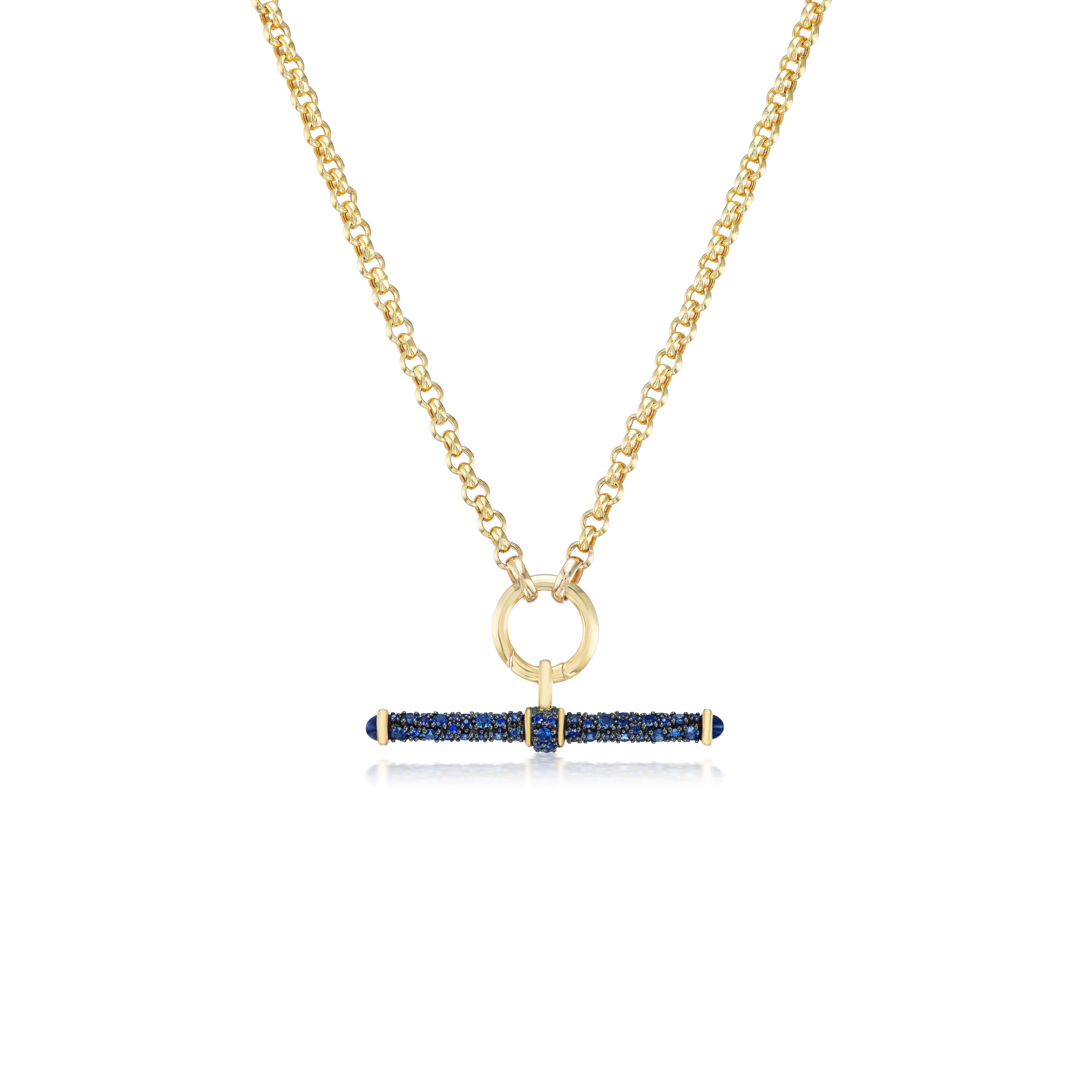 14k yellow gold blue sapphire and black rhodium t bar pendant by Lucy Delius Tiny Gods