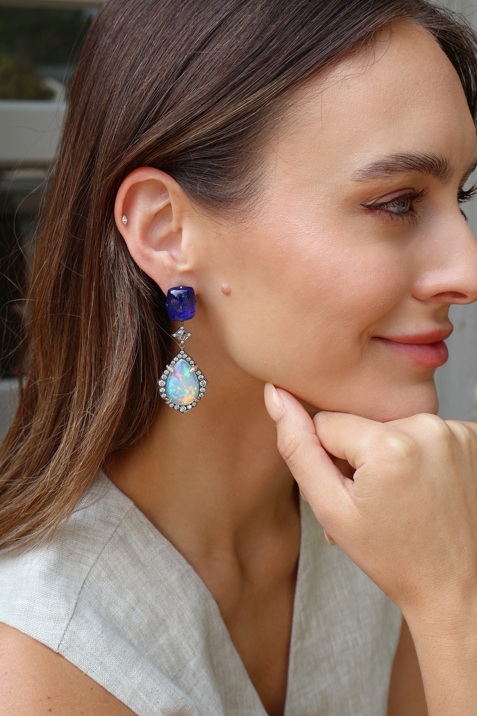 18k gold tanzanite and opal drop earrings with diamonds by Arunashi Tiny Gods