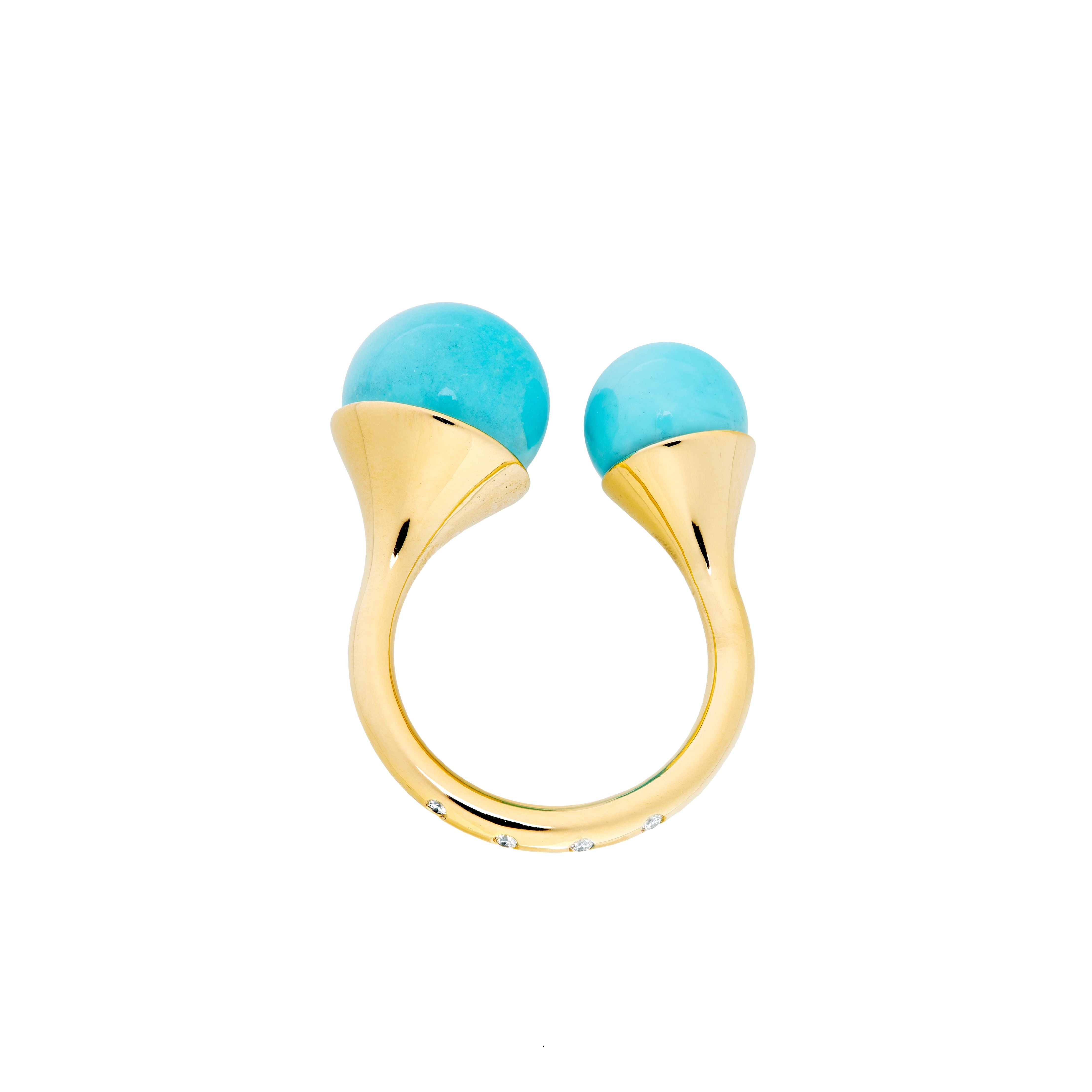 18k yellow gold double tip ring with turquoise by Guita M Tiny Gods